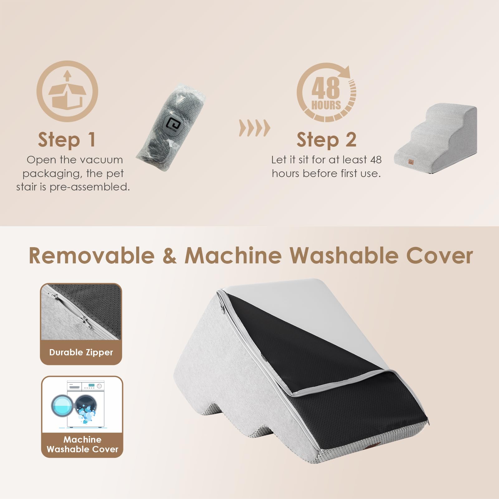 Eheyciga Curved Dog Stairs Ramp For Small Dogs 15.7' H, 3-Step Dog Steps For Couch Sofa And Chair, Pet Stairs For Cats, Non-Slip Balanced Pet Steps Indoor, Light Grey