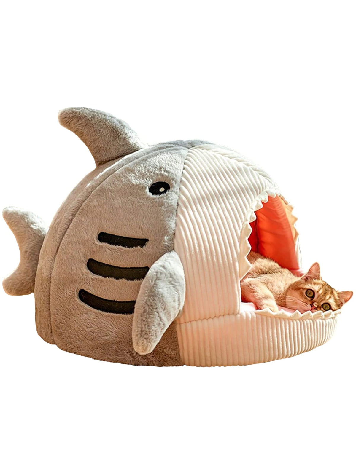 Qwinee Cat Mat Shark-Shaped Kennel Kitten Bed Hideout House Warm Soft Comfortable Semi-Closed Cat Dog Nest Grey Large