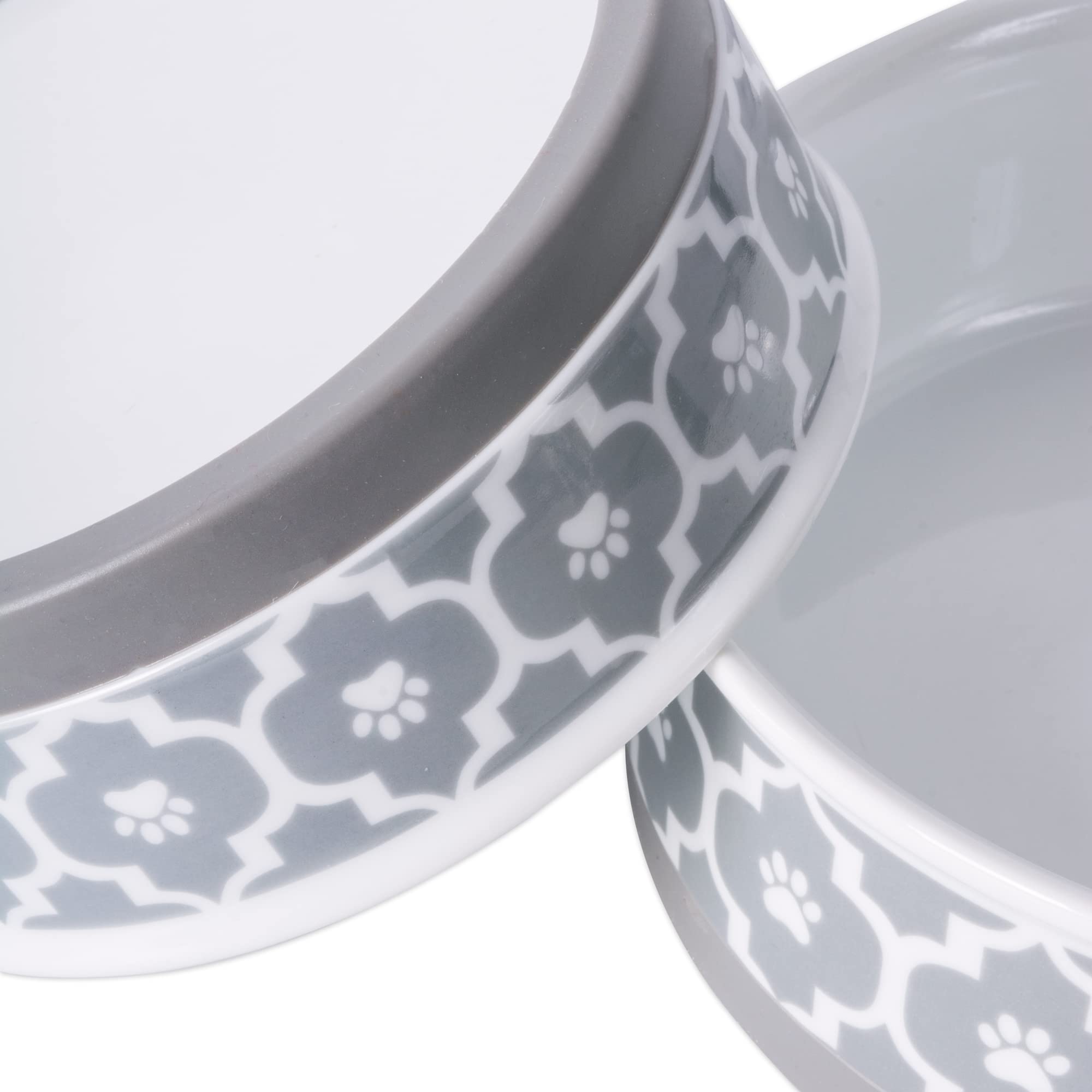 Bone Dry Paw Print Ceramic Pet Bowl, Lattice Collection, Medium Set, 6x2, Gray, 2 Count