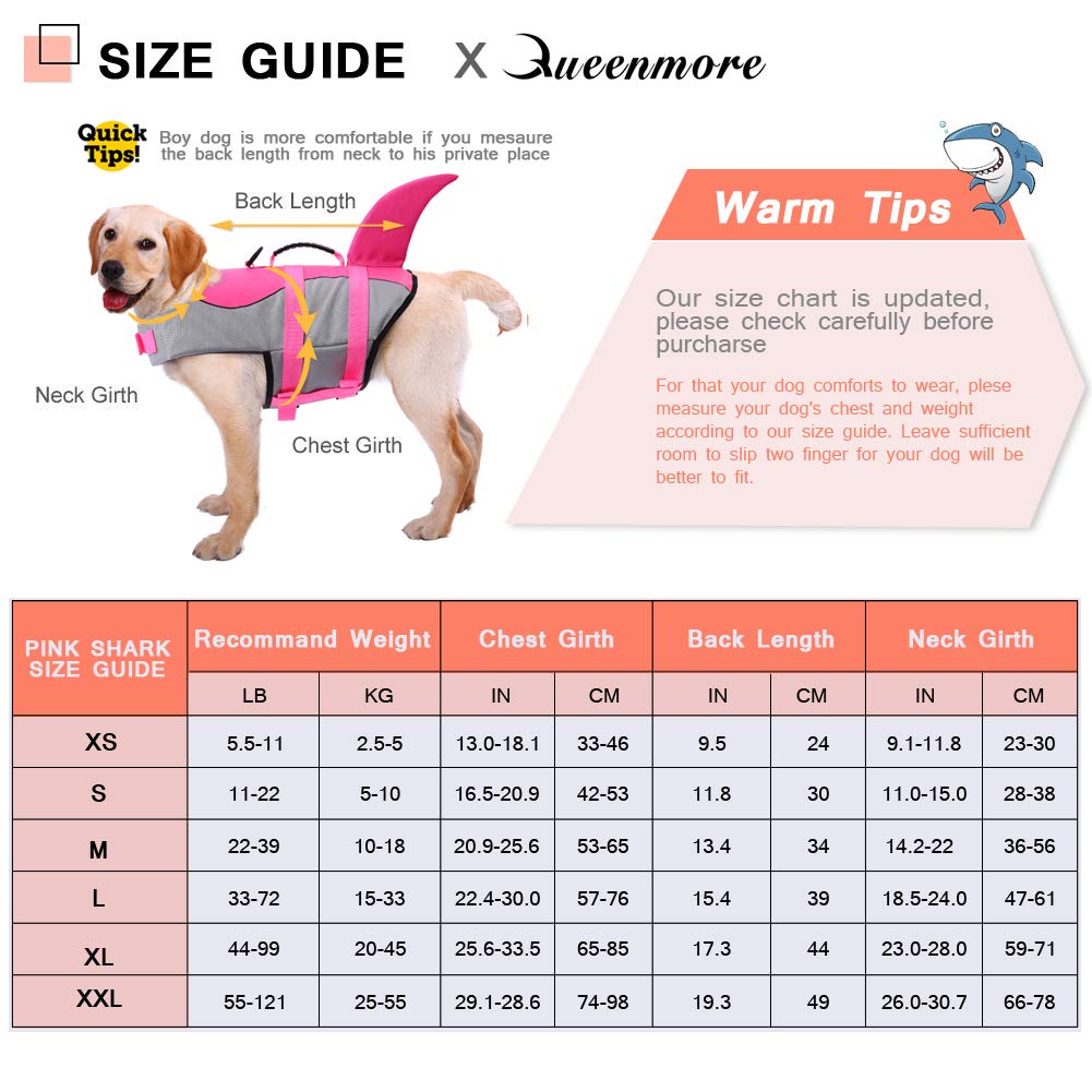 Queenmore Dog Life Jacket Ripstop Shark Dog Safety Vest Adjustable Preserver With High Buoyancy And Durable Rescue Handle For Small,Medium,Large Dogs, Pink Shark Small