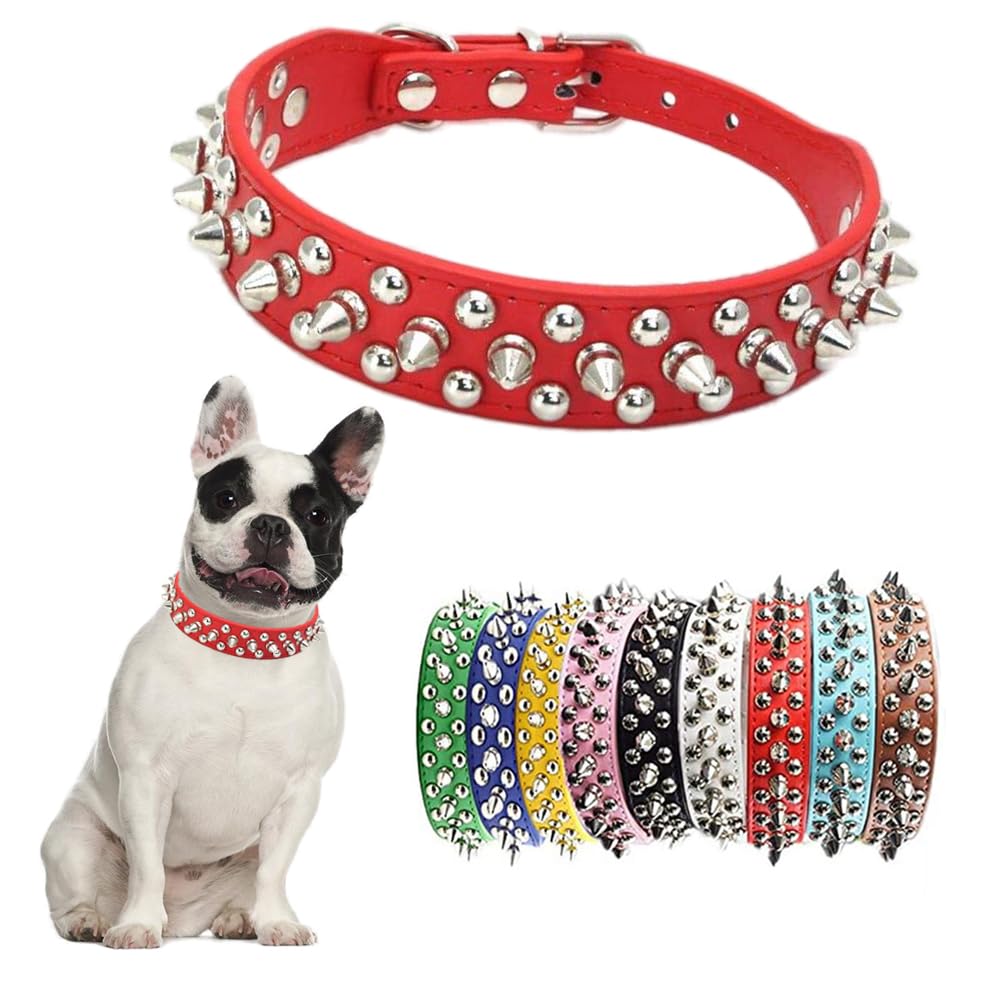 Red Spiked Dog Collar For Small Dogs,Mushroom Rivet Spike Puppy Collars Girls Boys Leather Studded Cat Collar Metal Buckle Durab