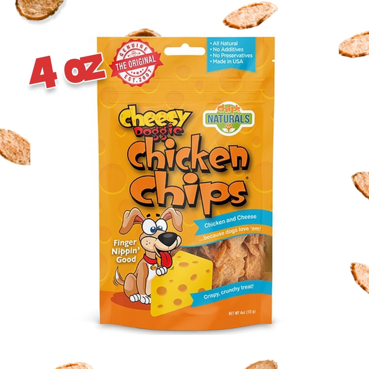 Chips Naturals Cheesy Flavored Doggie Chicken Chips - Small 4 oz Natural High Protein Low Calorie Dog Treats, Grain Free Gluten