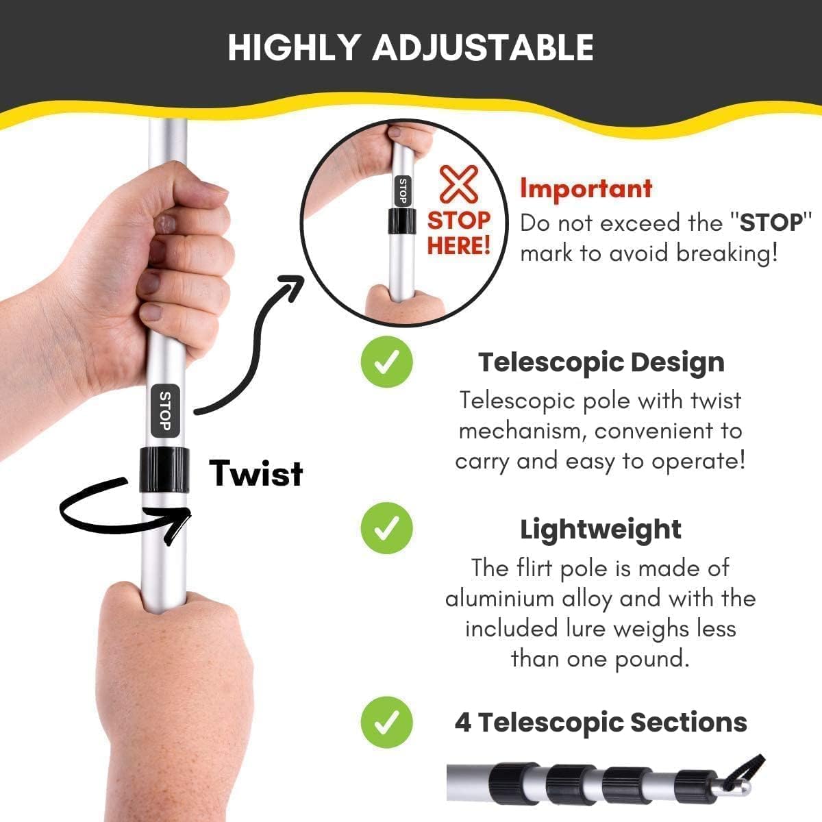 Yes4Quality Flirt Pole For Dogs - Safe & Strong For Large Breeds W/Non-Bungee Cord - Spring Pole For Tug Of War, Interactive Play & Puppy Training - Heavy-Duty Teaser Wand For Outdoor Exercise