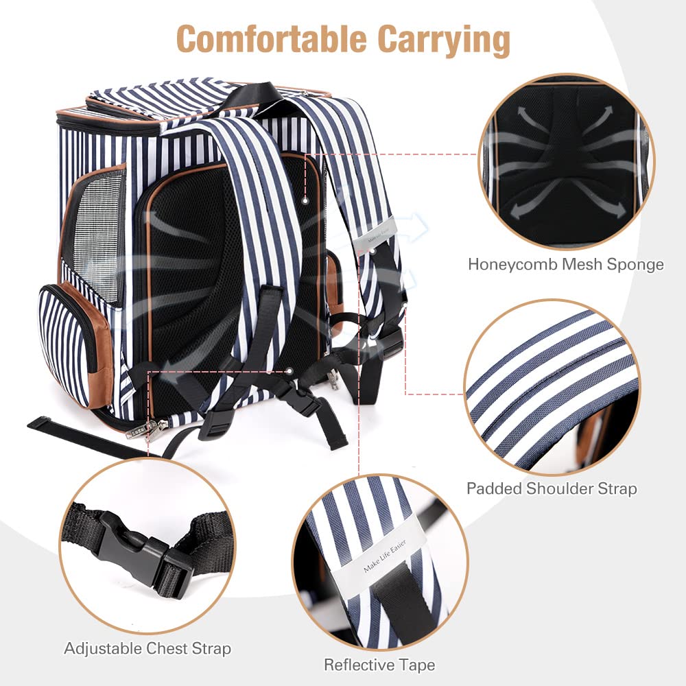 Lekereise Large Cat Backpack Expandable Pet Backpack Carrier For Small Medium Dogs Cats, Dog Carrier Backpack With Breathable Mesh And Inner Safety Leash, Striped