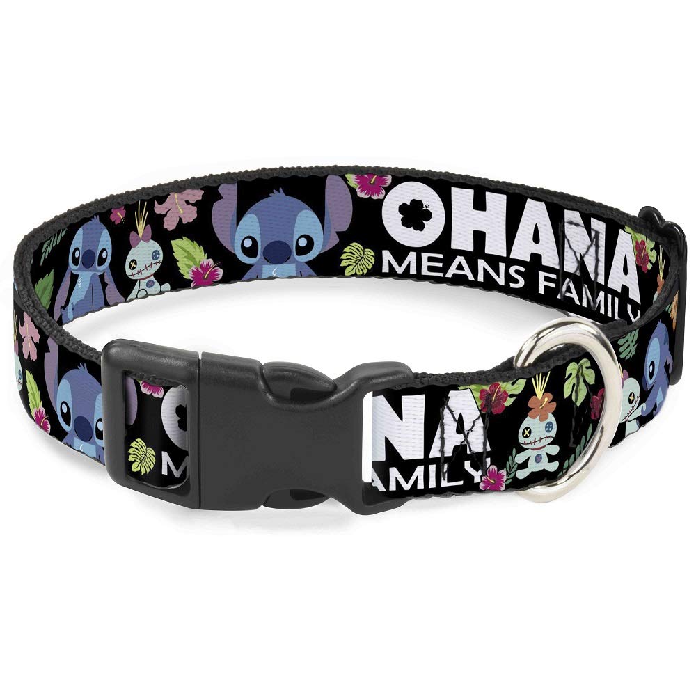 Buckle-Down Plastic Clip Collar - Ohana Means Family/Stitch & Scrump Poses/Tropical Flora Black/White/Multi Color - 1' Wide - Fits 9-15' Neck - Small
