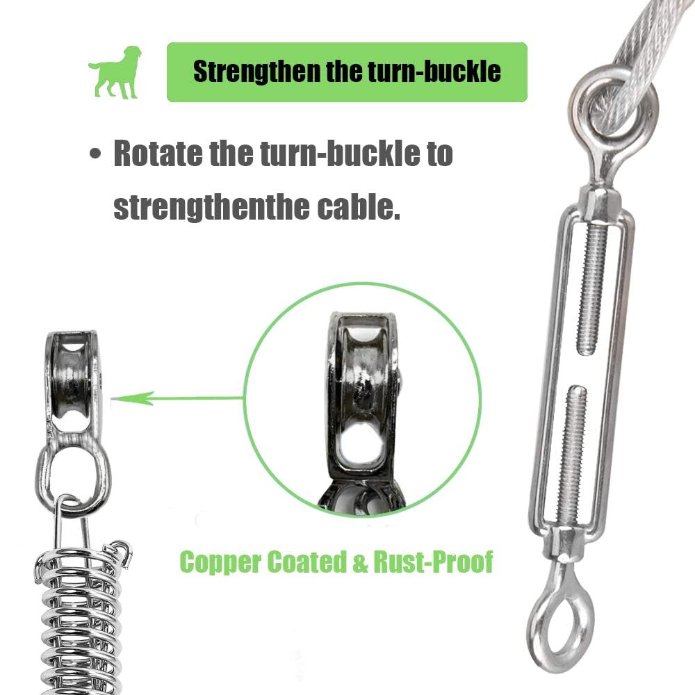 100Ft Dog Tie Out Aerial Run Trolley System - Heavy Duty Dog Aerial Run Cable With 10Ft Pulley Runner Line Holds 75Lbs Of Dogs F