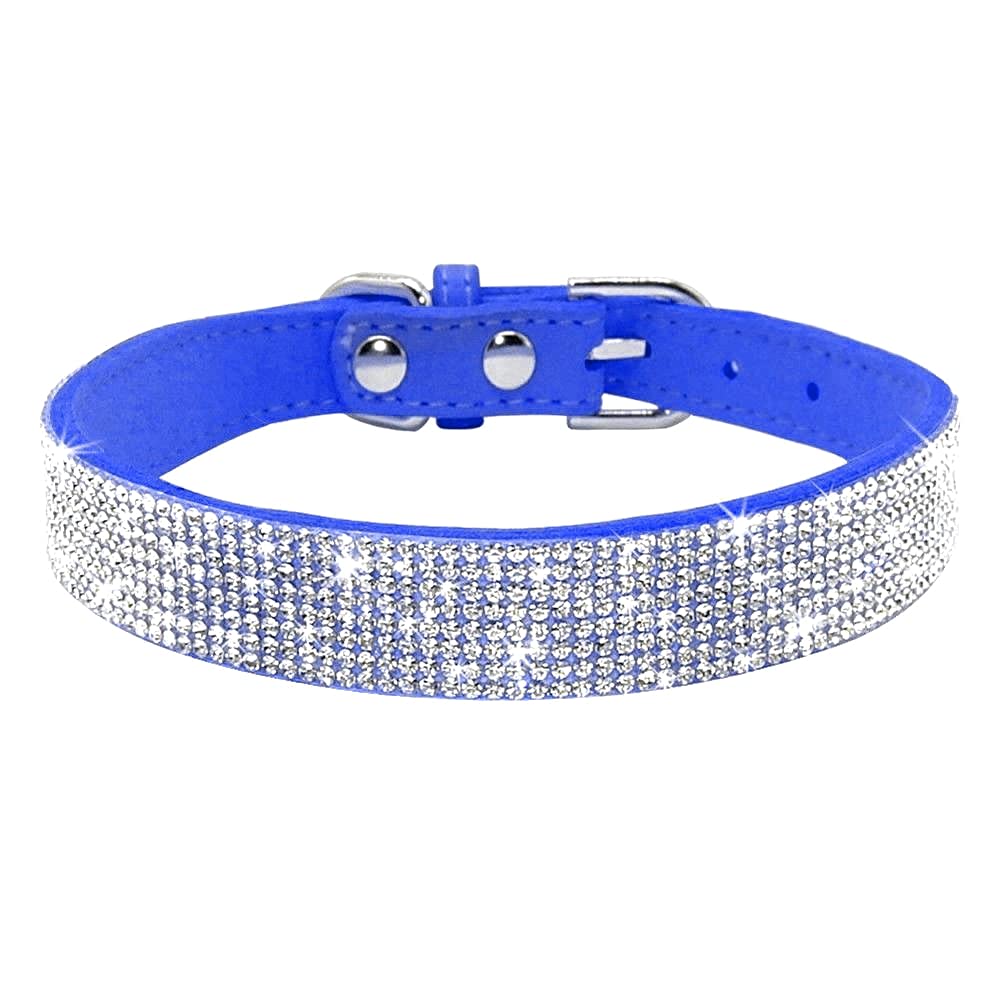 Pimaodog Rhinestone Dog Collar, Cute Dazzling Sparkling Soft Suede Leather Adjustable Pet Dog Cat Collar Crystal Diamond For Puppy Small Medium Large Dogs (L:38-46Cm, Dark Blue)