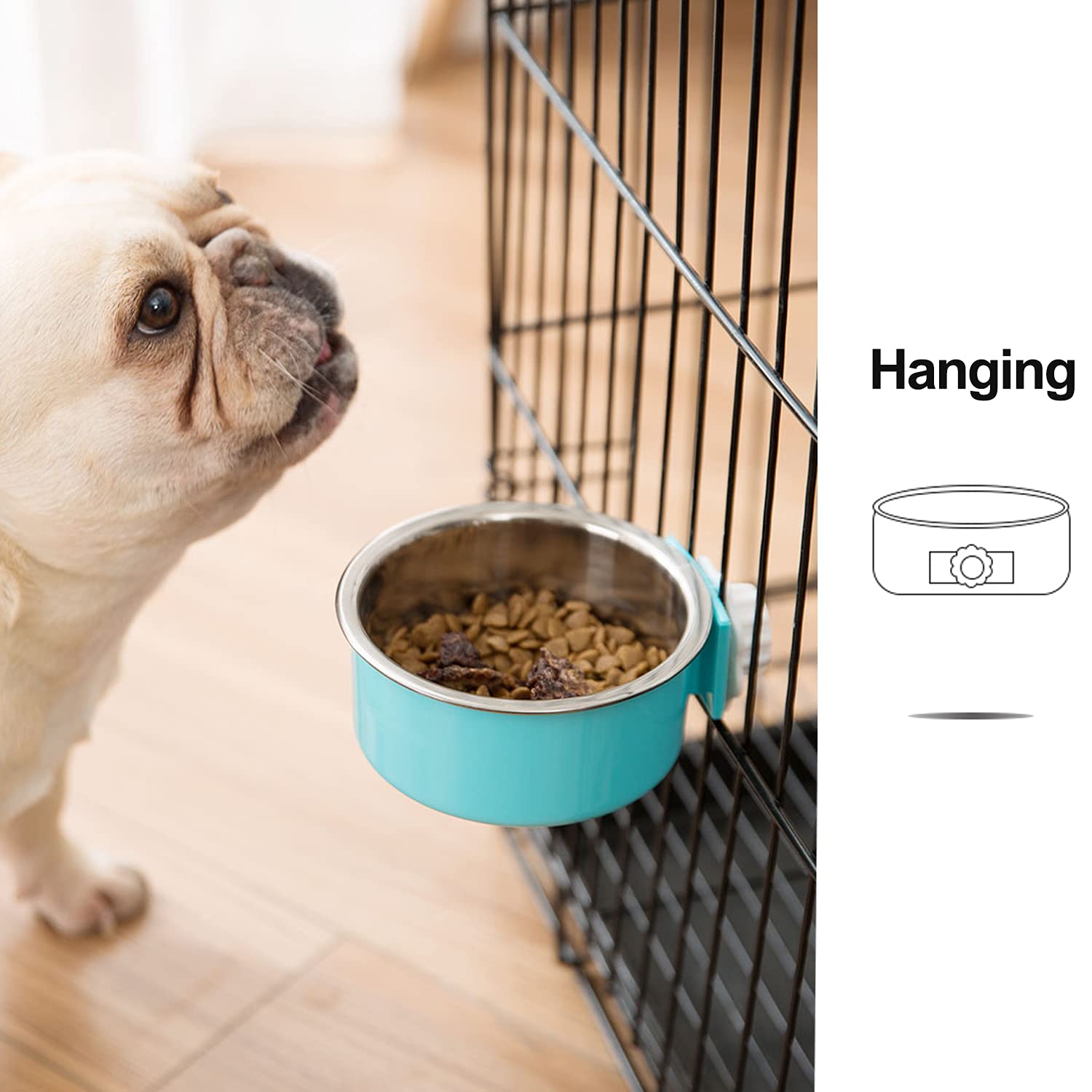 Mechpia 2 Pieces Crate Dog Bowl, Removable Stainless Steel Pet Kennel Hanging Food Water Feeder Bowl Cage Coop Cup for Puppy Med
