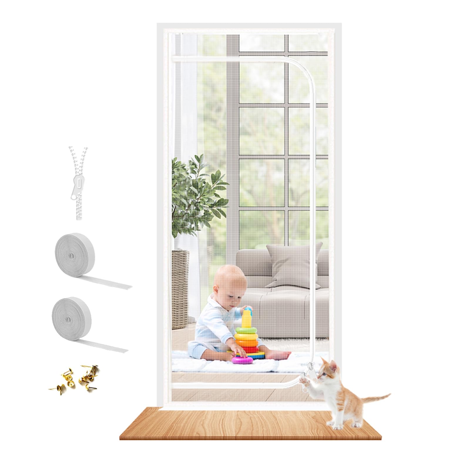 Reinforced Cat Screen Door Fits Door Size 36x 80, Heavy Duty Pets Proof Screen Mesh with Zipper, Prevent Dogs Cats Running O