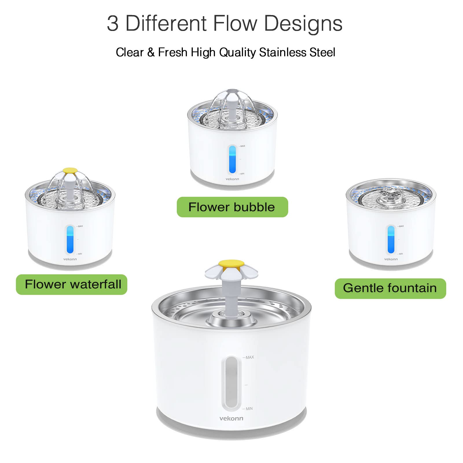 Vekonn Cat Water Fountain Stainless Steel Top With 4 Filters & 4 Sponges, 2.4L Pet Water Fountain For Small Dog And Cat With Led