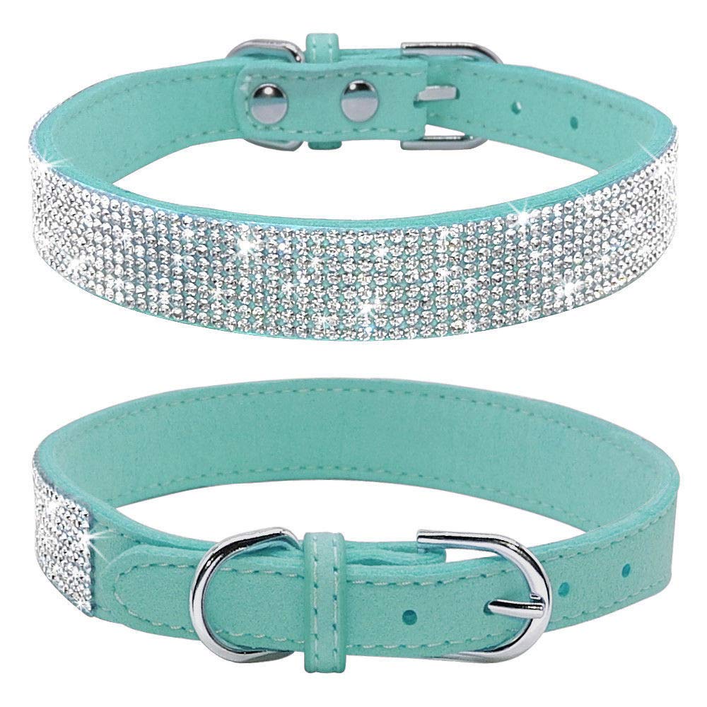 Haoyueer Rhinestone Dog Collar, Cute Dazzling Sparkling Soft Suede Leather Dog Cat Rhinestone Collar Crystal Diamond Pet Dog Puppy Collar(Blue,L 38-46 Cm)