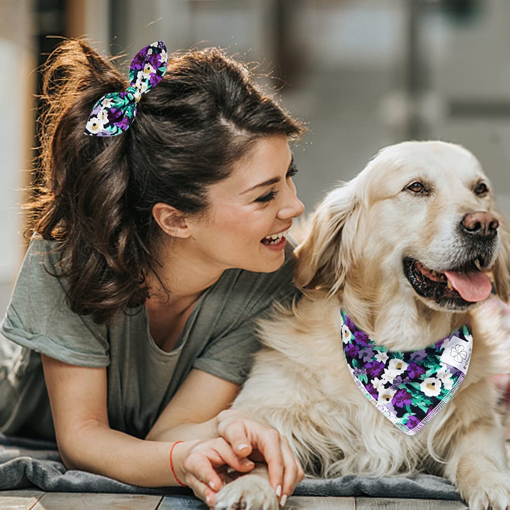 E-Clover Dog Bandanas & Matching Scrunchie Set Hawaii Dog Bandana Scarf Bibs Washable Kerchief For Medium Large Dogs & Pet Owner