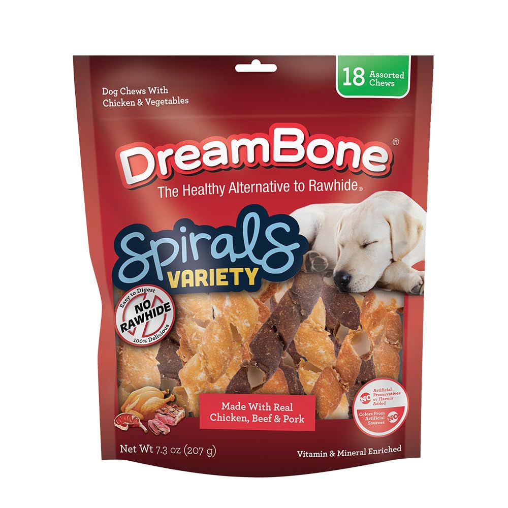 Dreambone Spirals Variety, Rawhide Free Dog Chew Sticks Made With Real Chicken Beef And Pork, 18 Count