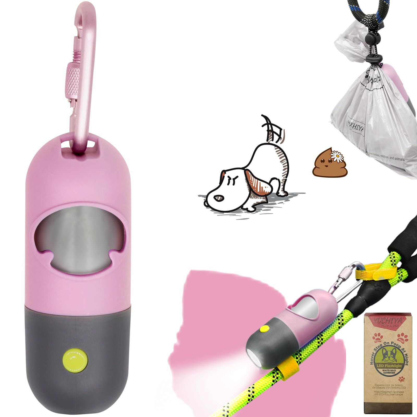 Yuchiya Dog Poop Bag Dispenser With Flashlight|Dog Poop Bag Holder With Leash Clip|Hands-Free Leash Poop Bag Holder With Straps And 1 Roll Dog Waste Bags (Pink)
