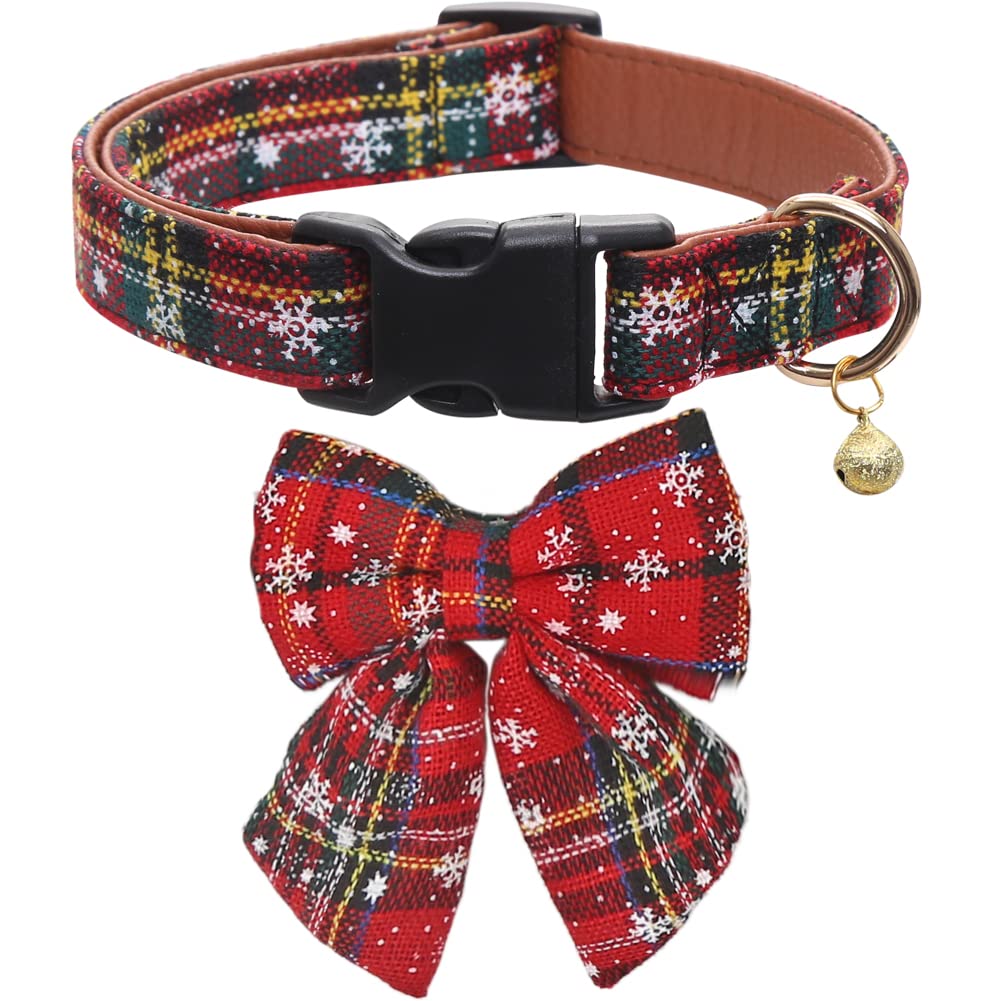 Christmas Dog Collar Snowflake Classic Plaid Adjustable With Cute Bow Tie And Bells