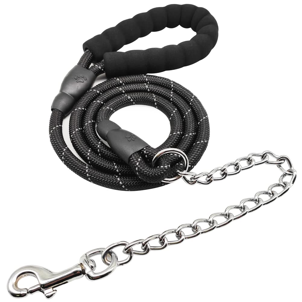 Btinesful 6Ft Chewproof Dog Leash, Strong Nylon Rope With Anti-Chewing Chain And Padded Handle For Medium Large Dogs Outdoor Training Walking Hiking Black