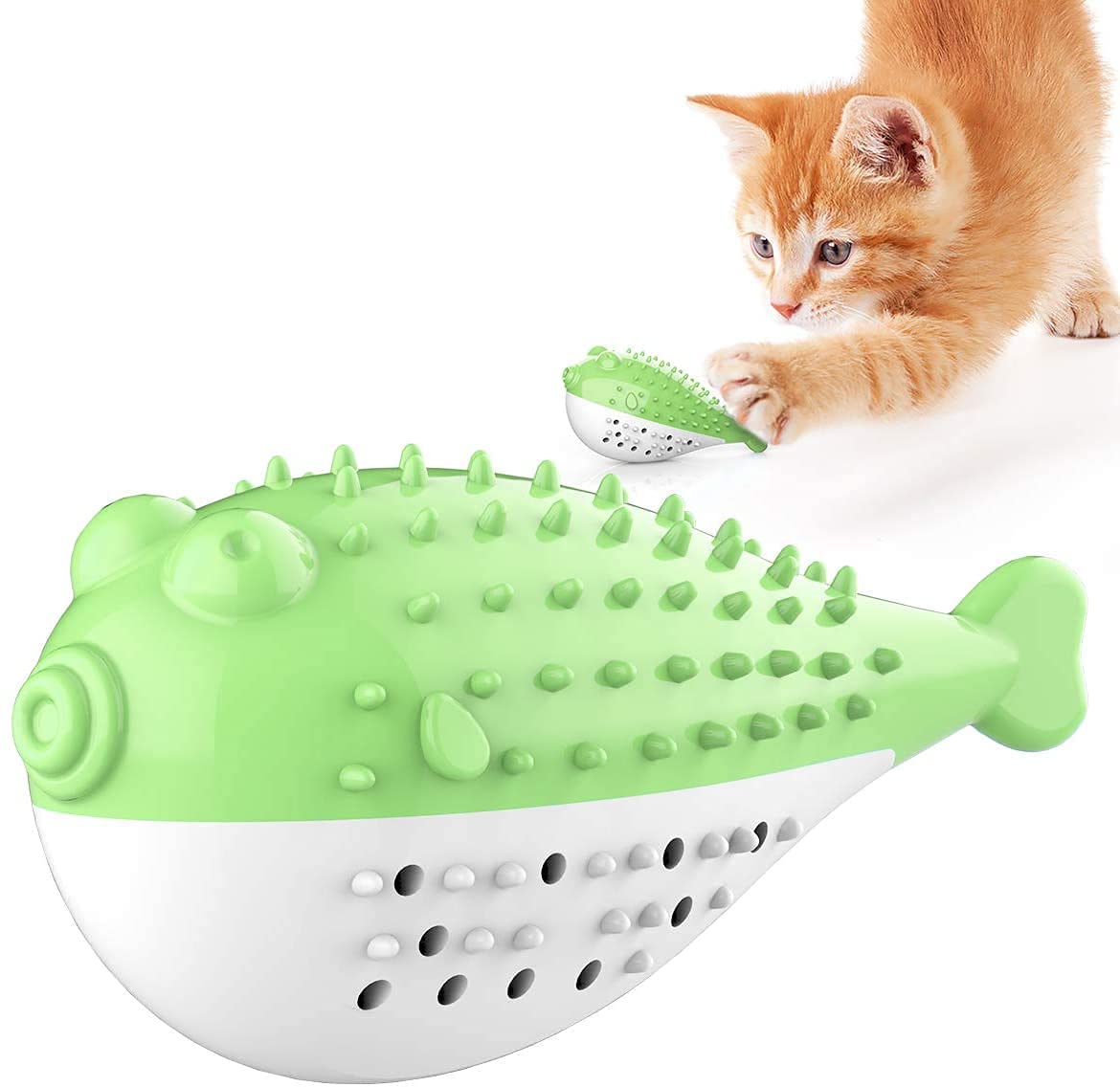 Psk Pet Mart Playing Feeding Toy With Bell For Kitten Kitty Cats Teeth Cleaning, Puffer Fish Shape Pet Toy, Cat Toothbrush Catni