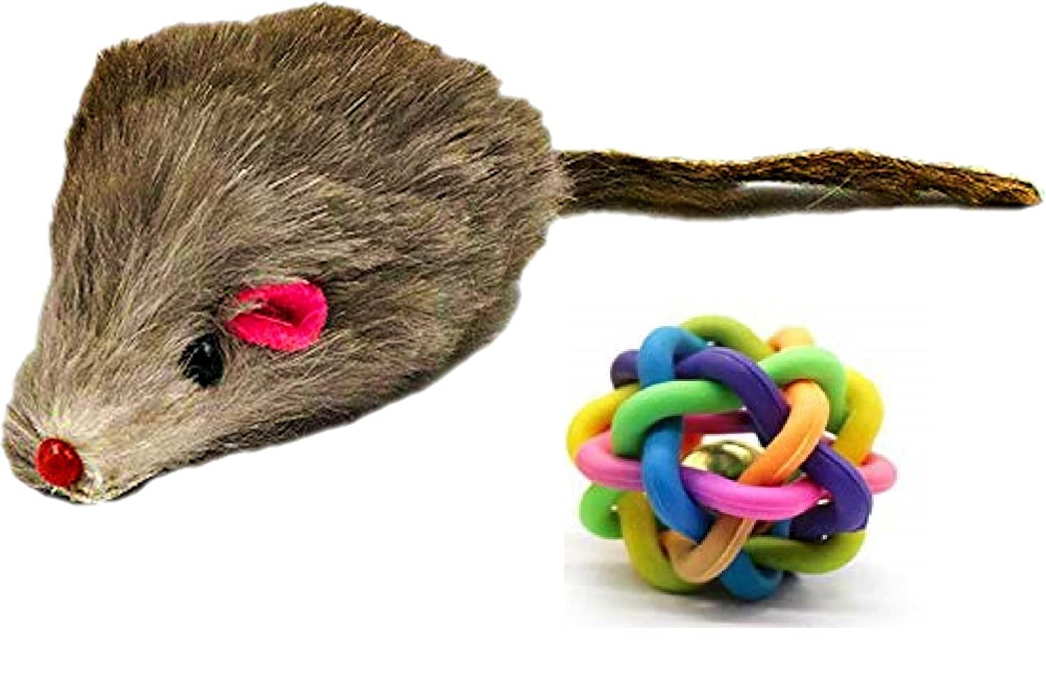 Rvpaws Real Fur Mouse Cat Toy + One Colorful Rainbow Rubber And Latex Woven Balls With Inner Bell (Combo Of 2).