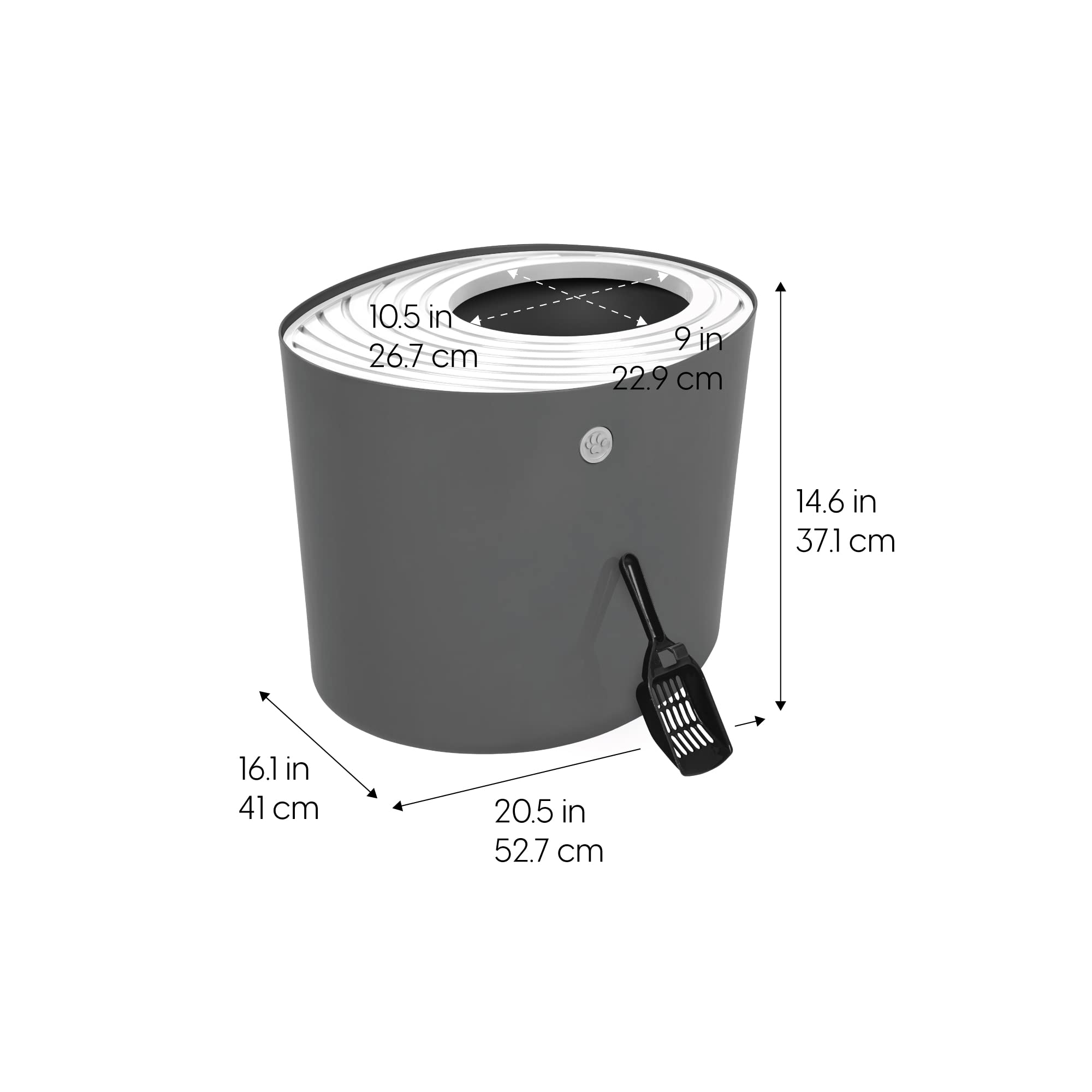 Iris Usa Cat Litter Box, Top Entry Litter Box With Scoop, Stylish Round Cat Litter Box Enclosure, Kitty Litter Box, Dark Gray/White