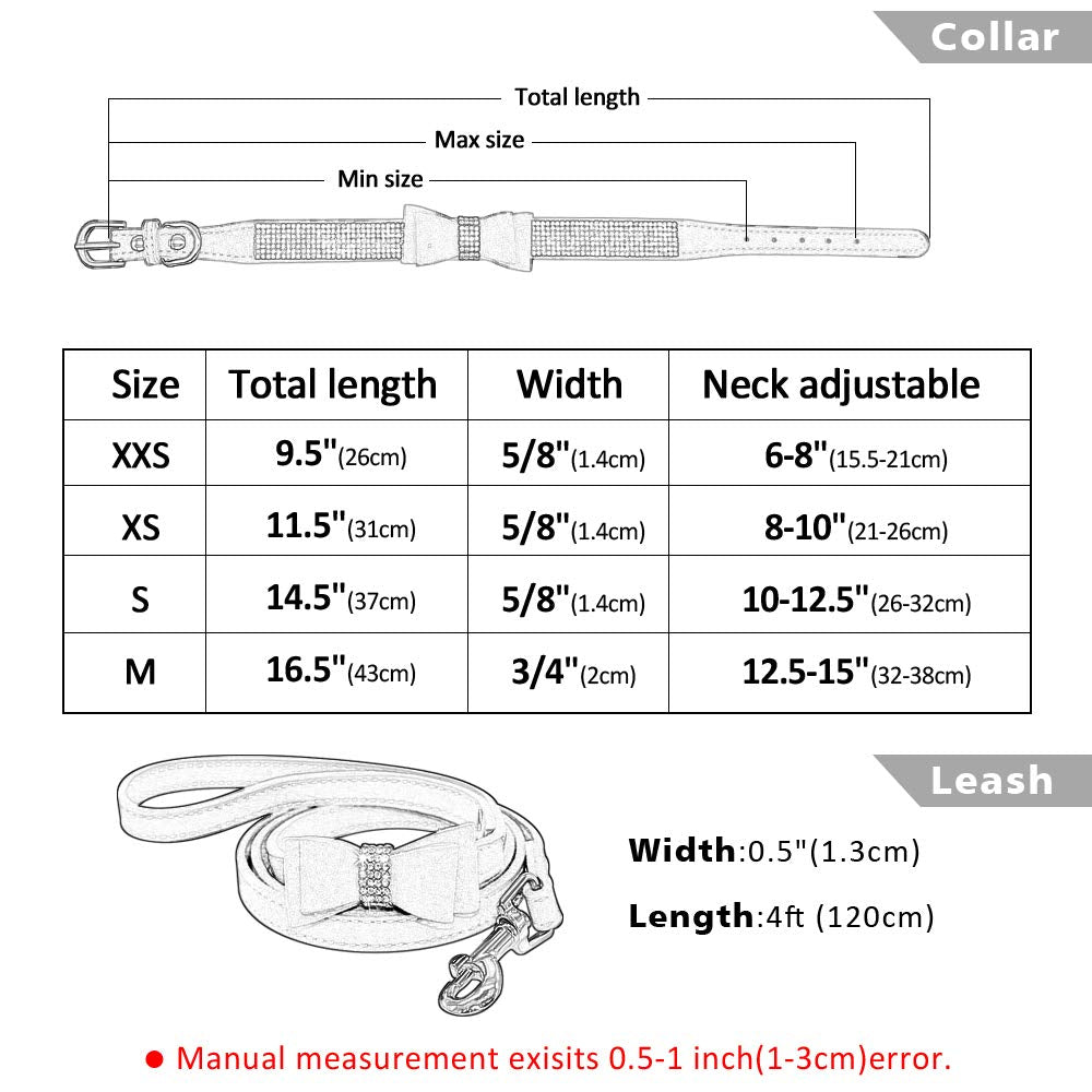 Beirui Rhinestone Bling Leather Dog Collar And Leash Set - Soft Flocking Sparkly Crystal Diamonds Studded - Cute Double Bowknot Collar With 4 Foot Leash For Pet Show,Pink,Neck Fit 12.5-15'