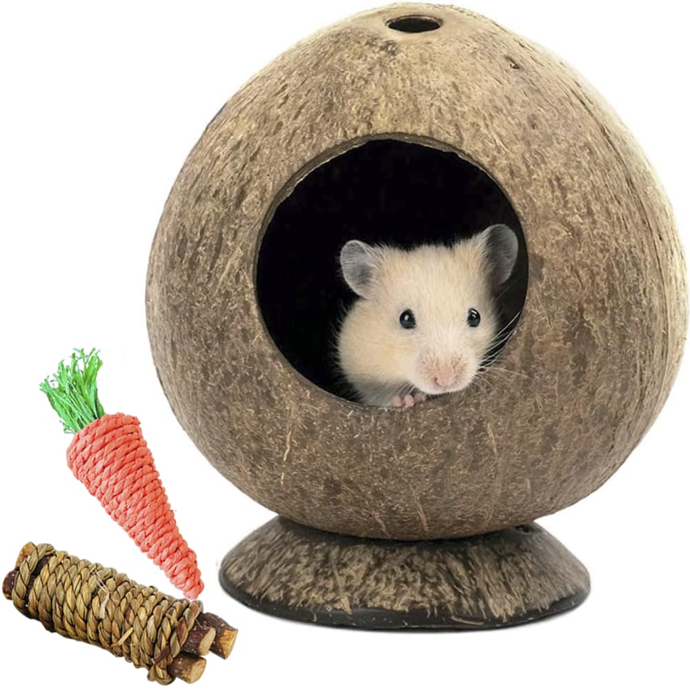 Coconut Hamster Hideout Hamster House Gerbil Cage For Small Animals With A Bundle Of Apple Sticks A Carrot (Brown)