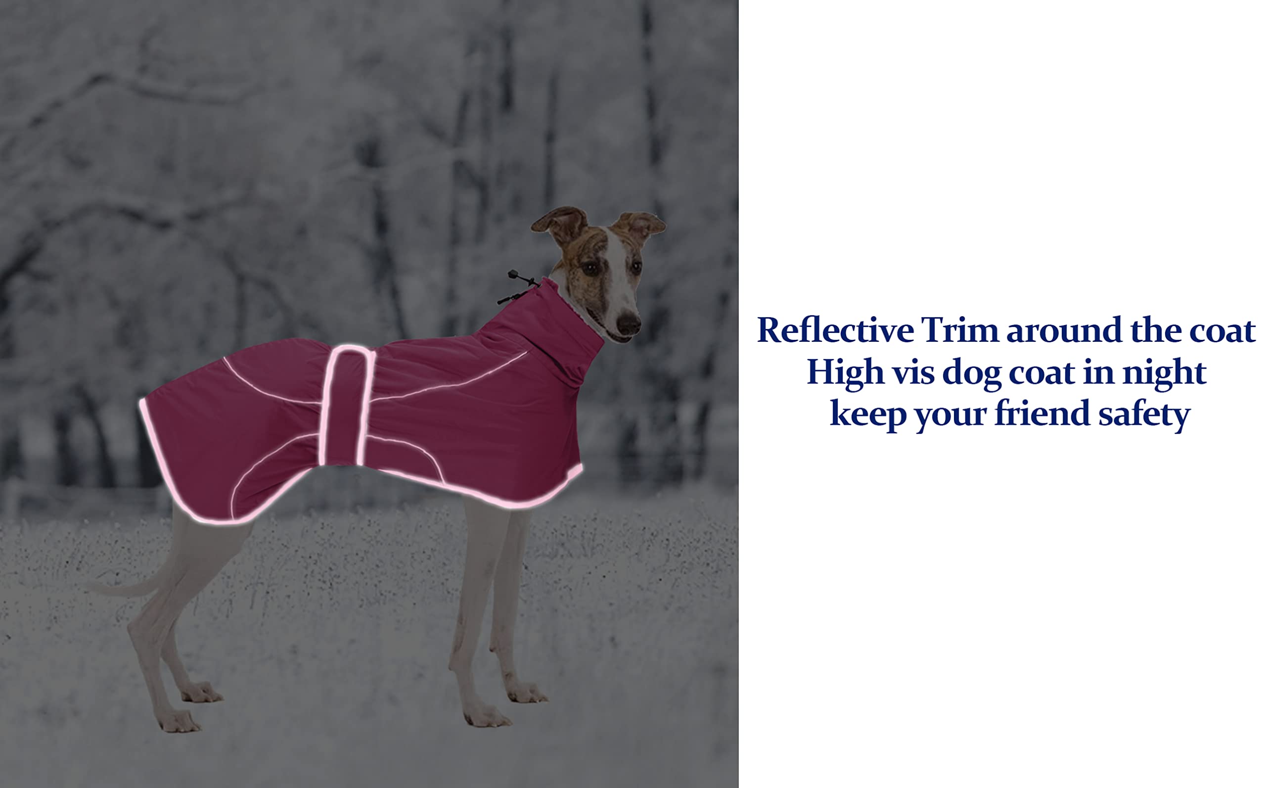 Greyhound Winter Coat, Whippet Coat With Padded Fleece Lining, Water Resistant Dog Jacket With Adjustable Bands And Reflective - Pink - Large