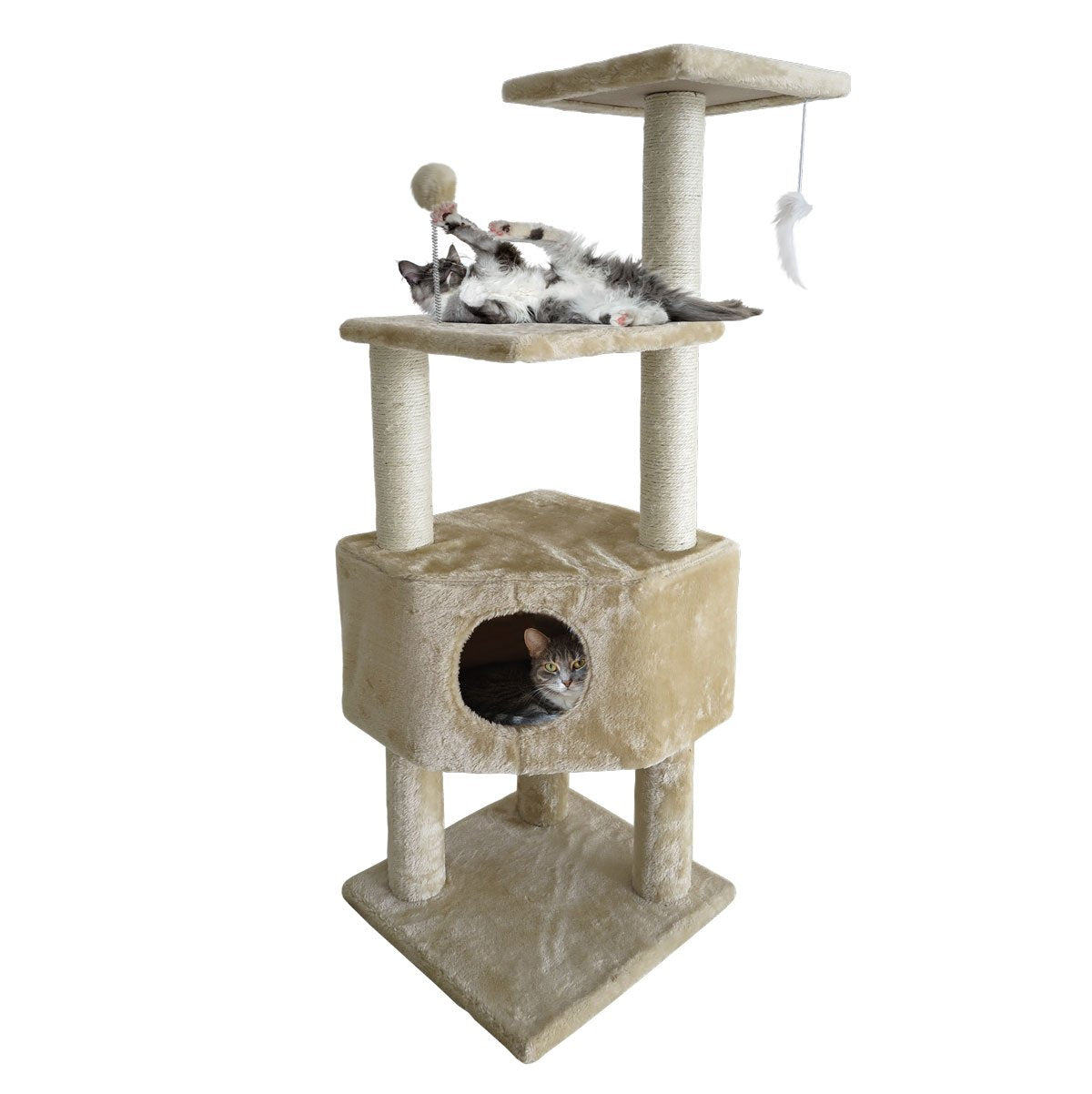 Furhaven Tiger Tough Cat Tree Soft Clubhouse Playground W/ Toys & Condo - Cream, One Size