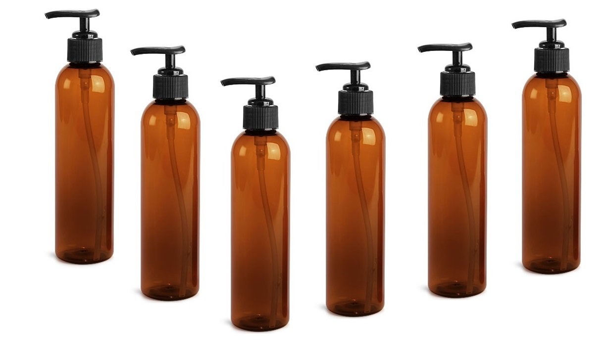8 Oz Plastic Pet Bullet Bottle (Amber) With Lotion Pump Dispenser (Set Of 6)