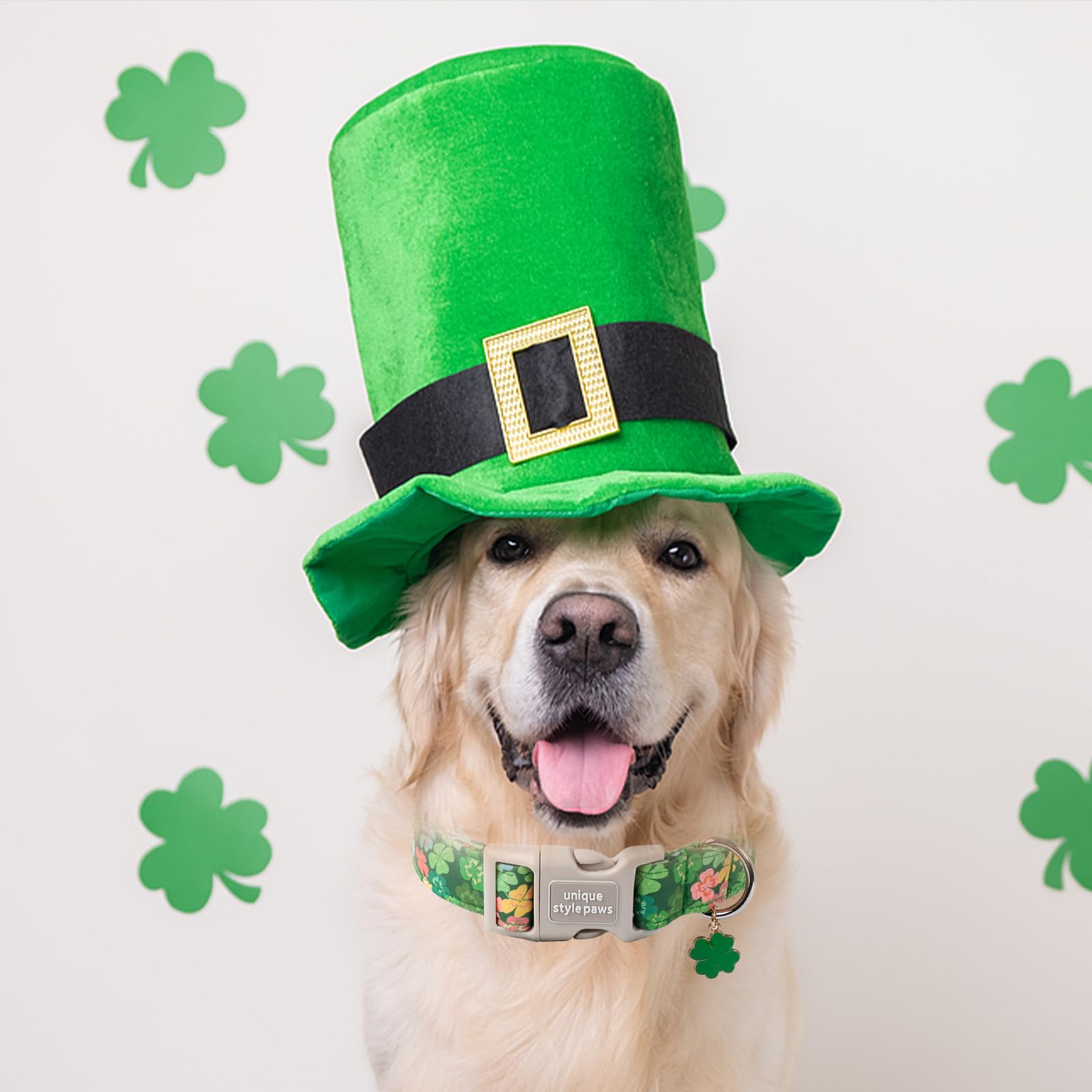St. Patrick'S Dog Collar,Unique Style Paws Green Clover Dog Collar,Shamrock Pet Collar,Adjustable Cotton Collar With Quick Relea