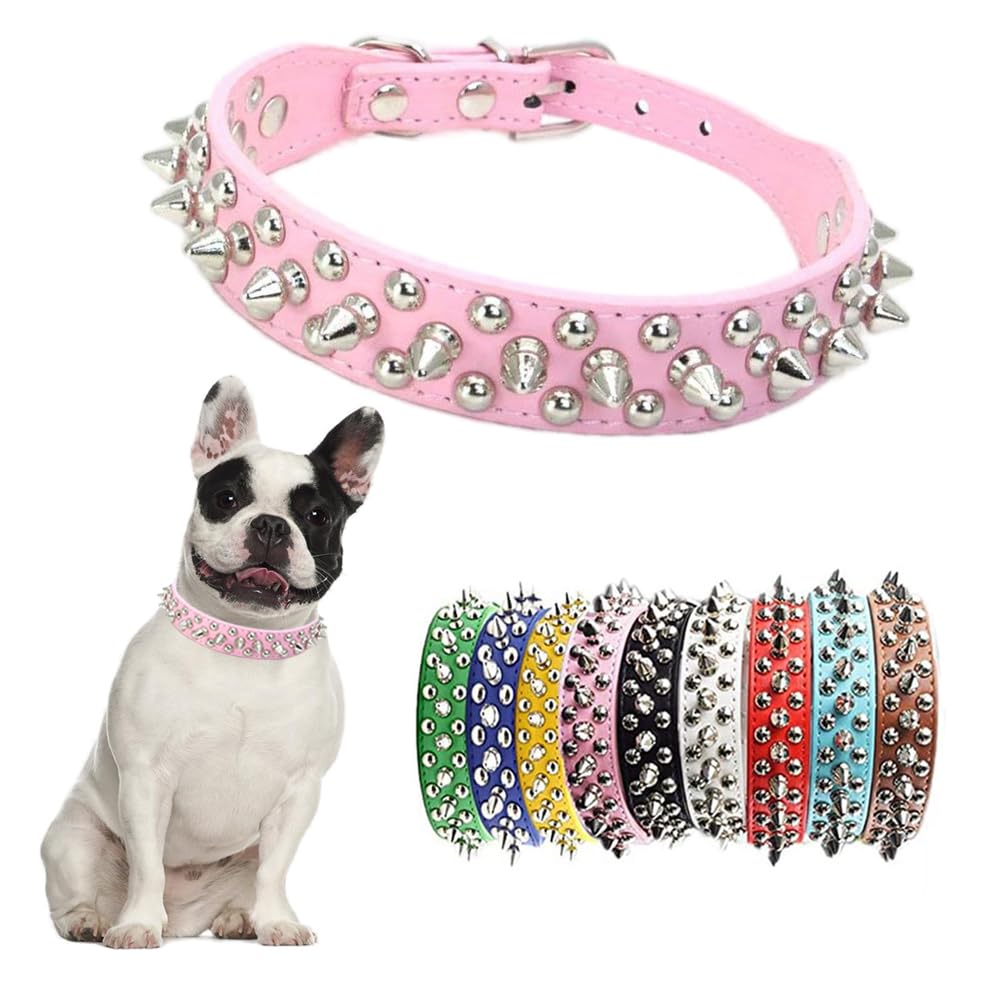 Pink Spiked Dog Collar For Small Dogs,Mushroom Rivet Spike Puppy Collars Girls Boys Leather Studded Cat Collar Metal Buckle Dura