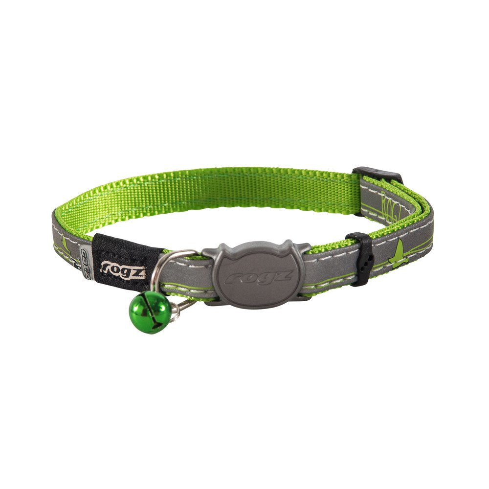 Rogz Reflective Cat Collar With Breakaway Clip And Removable Bell, Fully Adjustable To Fit Most Breeds, Lime