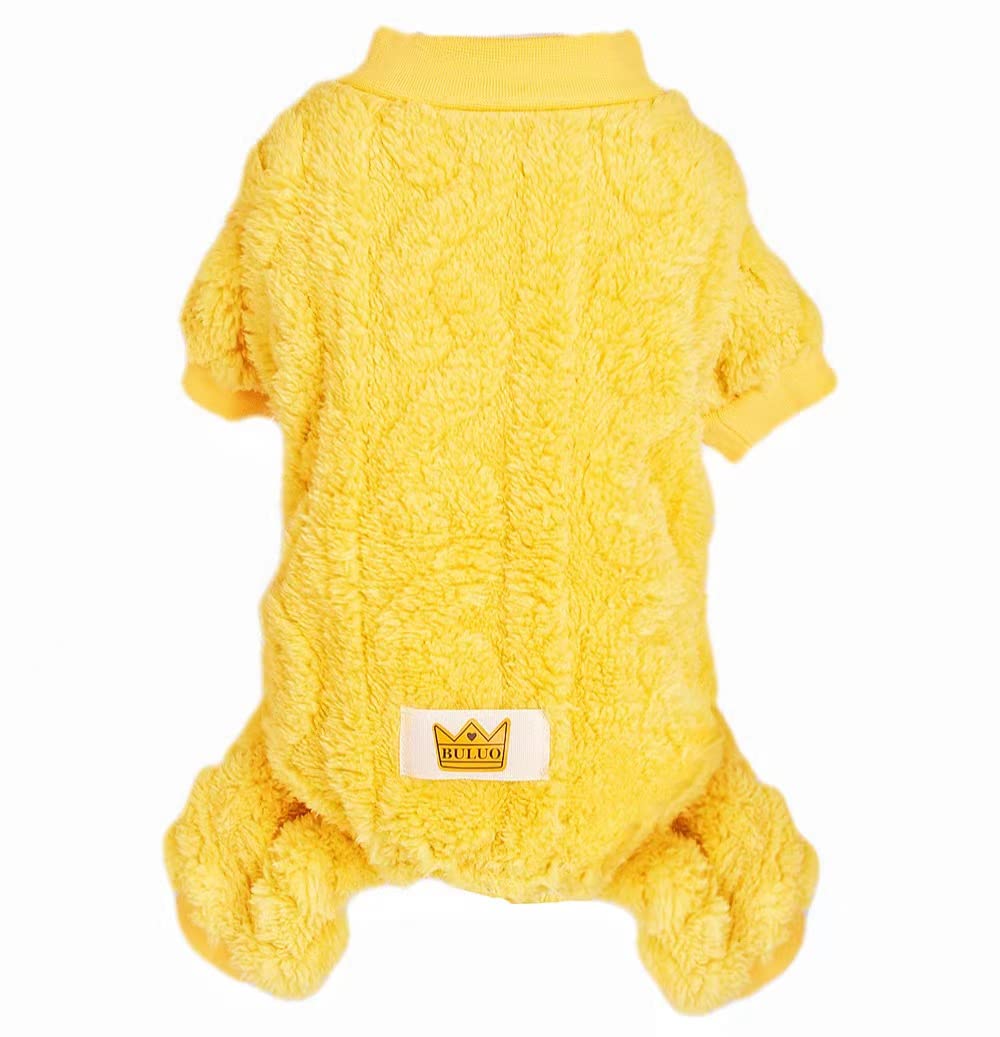 Loyanyy Plush Dog Pajamas For Cold Weather 4 Legged Clothes For Dog Cat Stretchy Puppy Kitten Onesie With Buttons Warm Soft Pet Jumpsuit Winter Coat Yellow Small