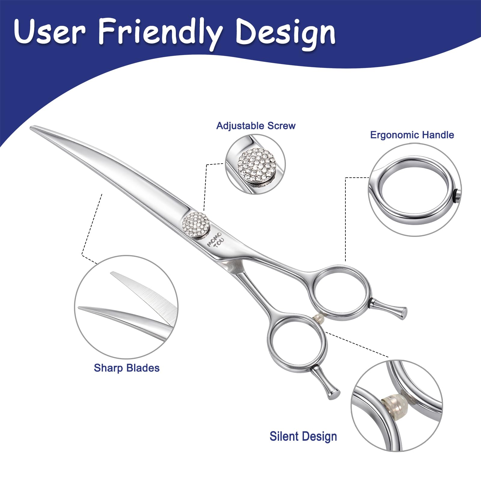 Momotou Professional Curved Dog Grooming Scissors With Simulation Diamond 440C Stainless Steel Polished Pet Cat Hair Cutting She