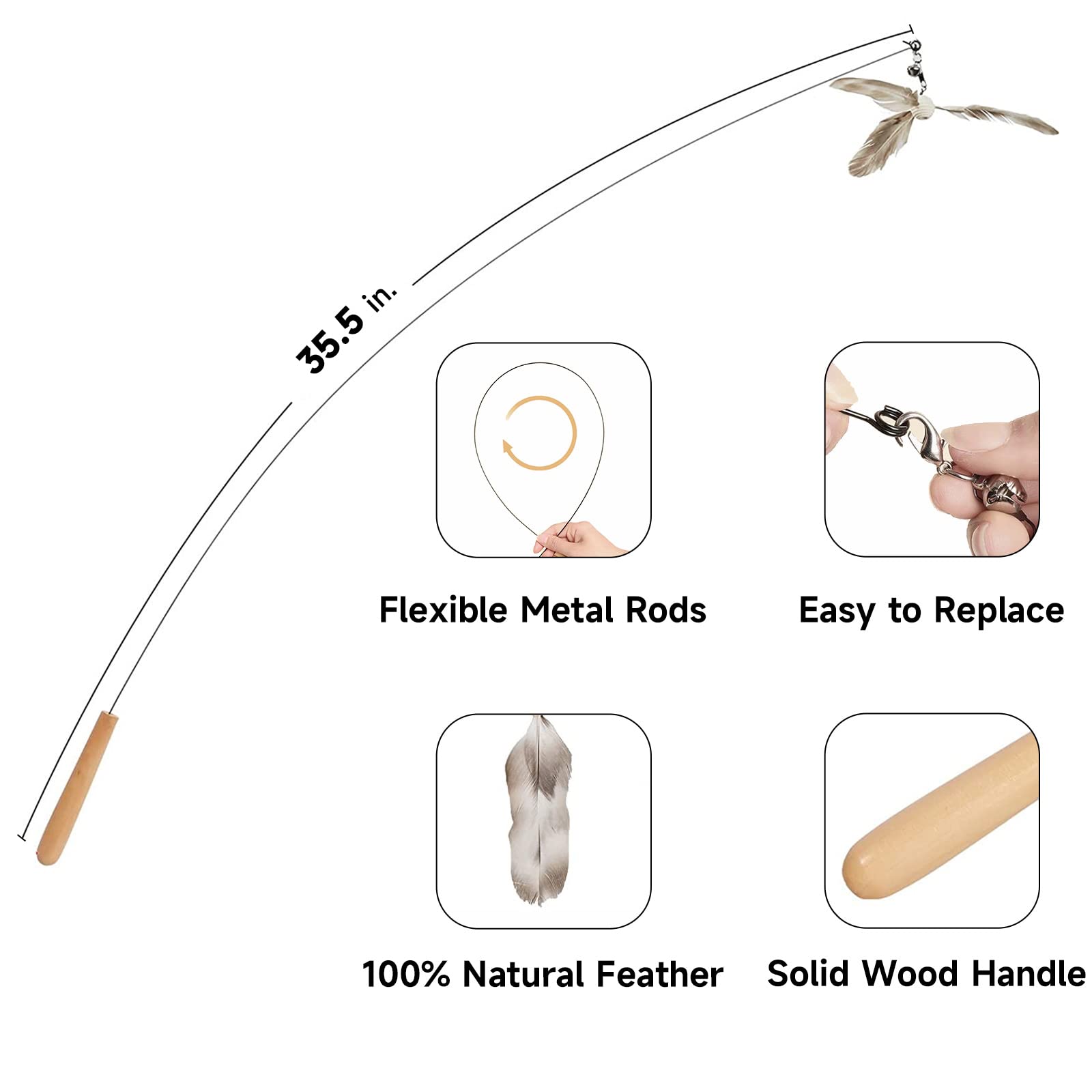 Fukumaru Cat Wand Toy, 35.5 Inch Cat Feather Propeller Toy With Bell, Steel Wire Cat Toy For Indoor Cats With 4Pcs Natural Feath