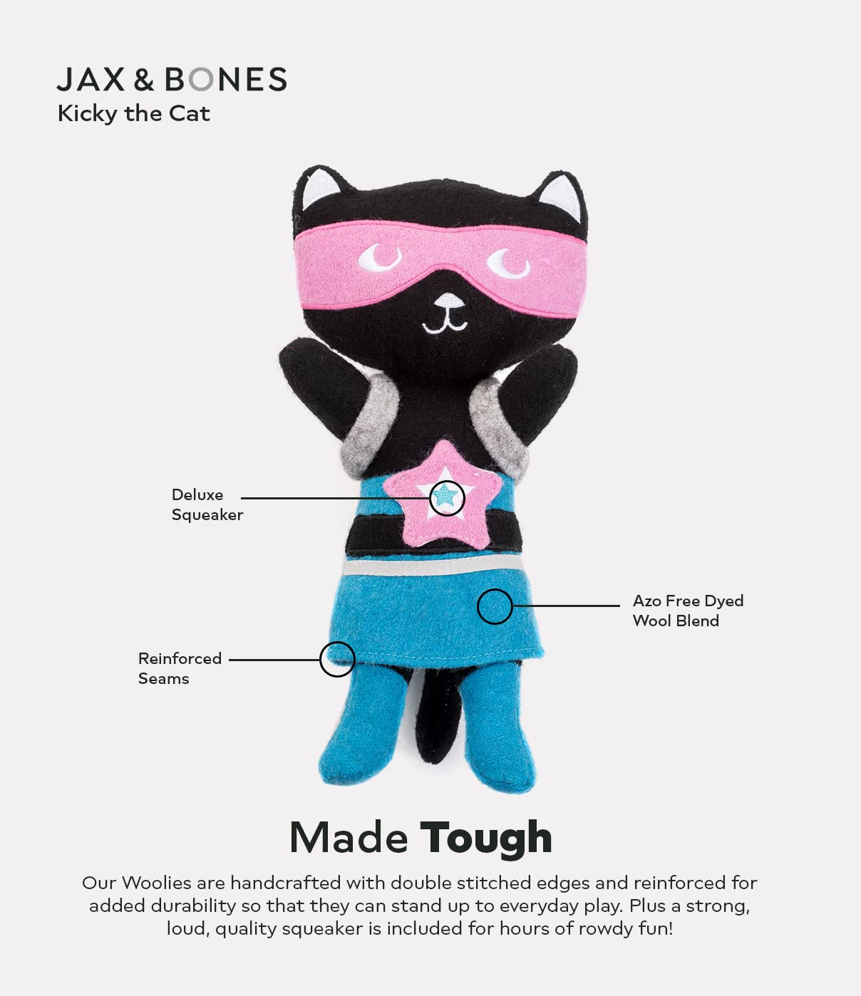 Jax & Bones Squeaky Dog Toys - 11' Tough Wool Squeak Toy For Dogs - Reinforced Seams For Moderate Chewers | Kicky The Cat