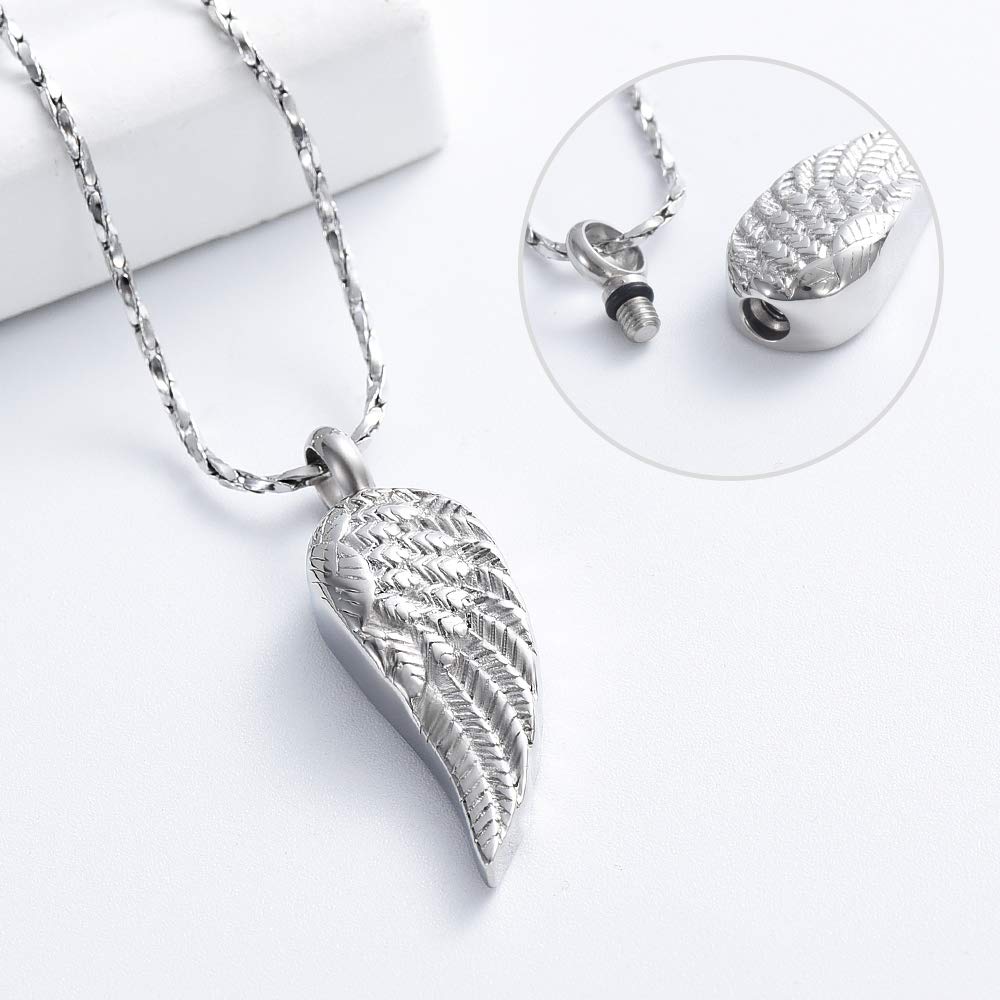 Imrsanl Angel Wings Cremation Jewelry For Ashes Pendant Stainless Steel Keepsake Memorial Urn Necklace For Human/Pets (Silver)