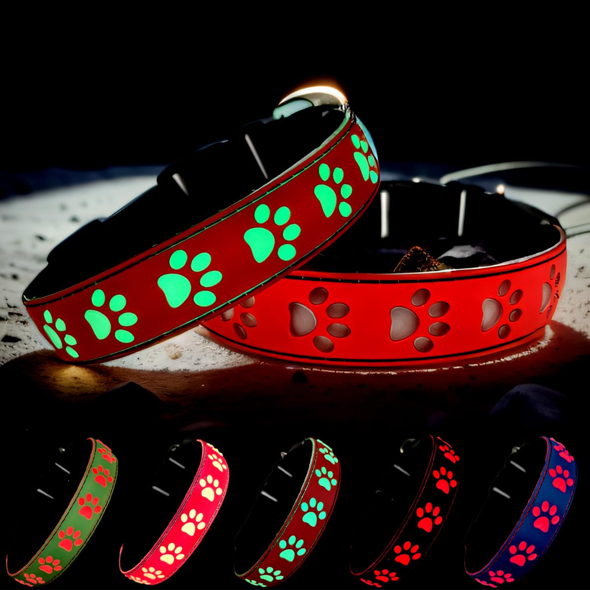 Dogled Led Light Up Dog Collar, Usb-C Rechargeable, Multicolor Paw Print Design, 15 Modes Lighting Night Safety (Red, L(15.7-19.