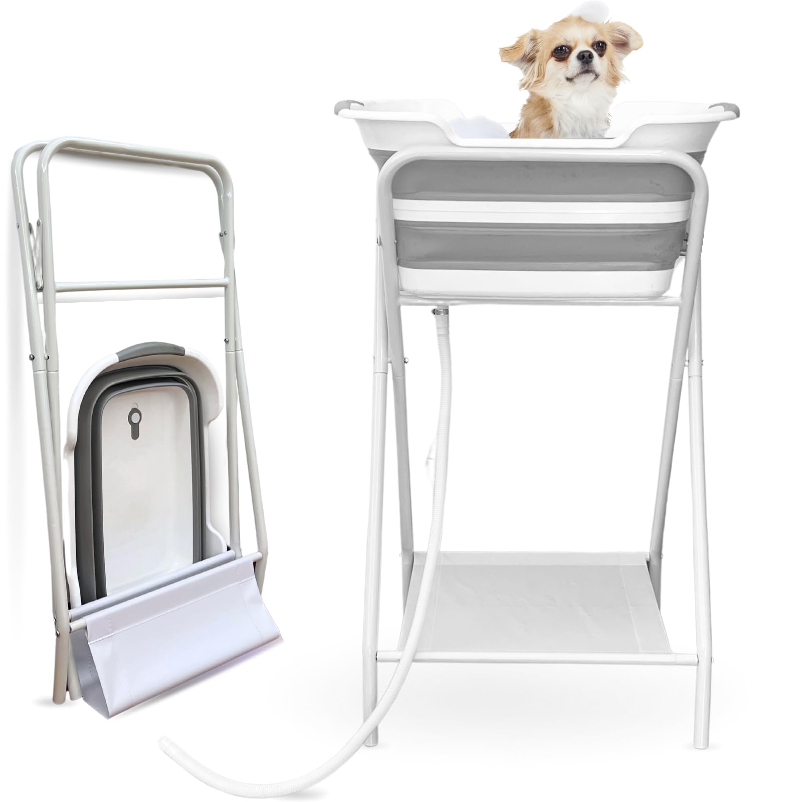 Cygne 2-In-1 Dog Bathtub & Washing Station, Elevated Collapsible Bathtub With Drainhole, Shower Head Holder & Storage Rack, Fold