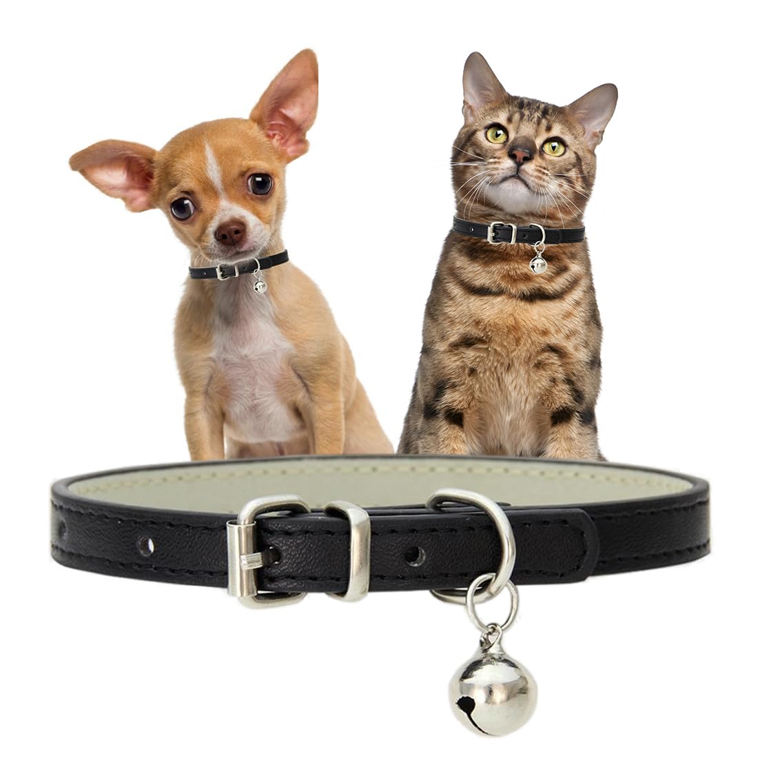 Black Dog Collar Bells for Small Dogs, Faux Leather Puppy Collar with Bells Pu Basic Boy Dog Collars for XXS XSmall Small Medium