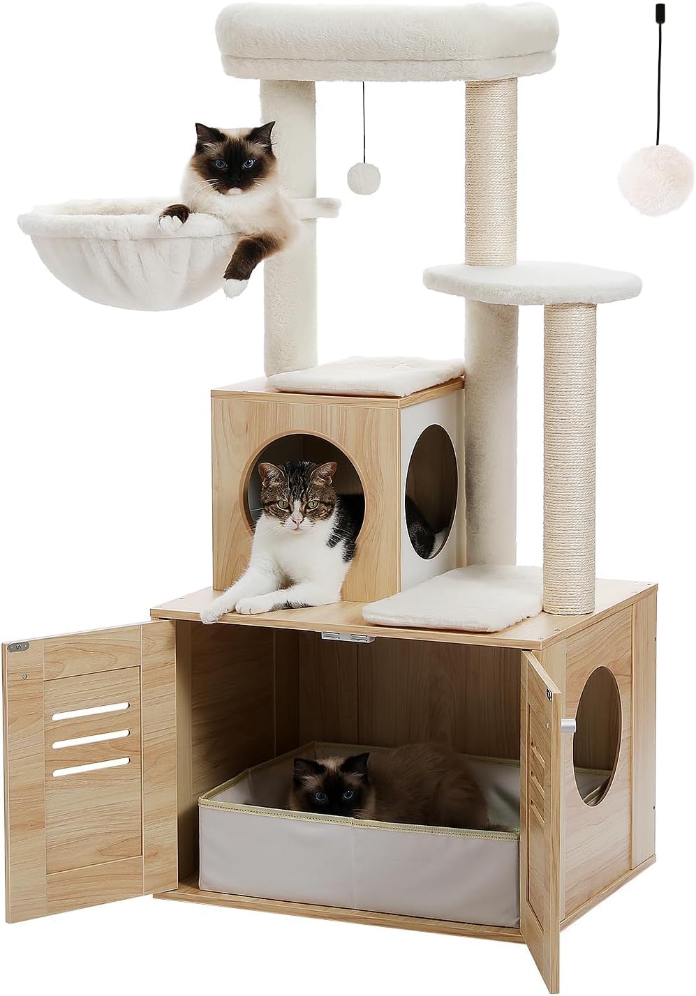 MUTTROS Cat Tree with Litter Box Enclosure, 50 Modern Cat Tree for Large/Fat Cats with Cat Condo, Wooden Cat Furniture with Larg