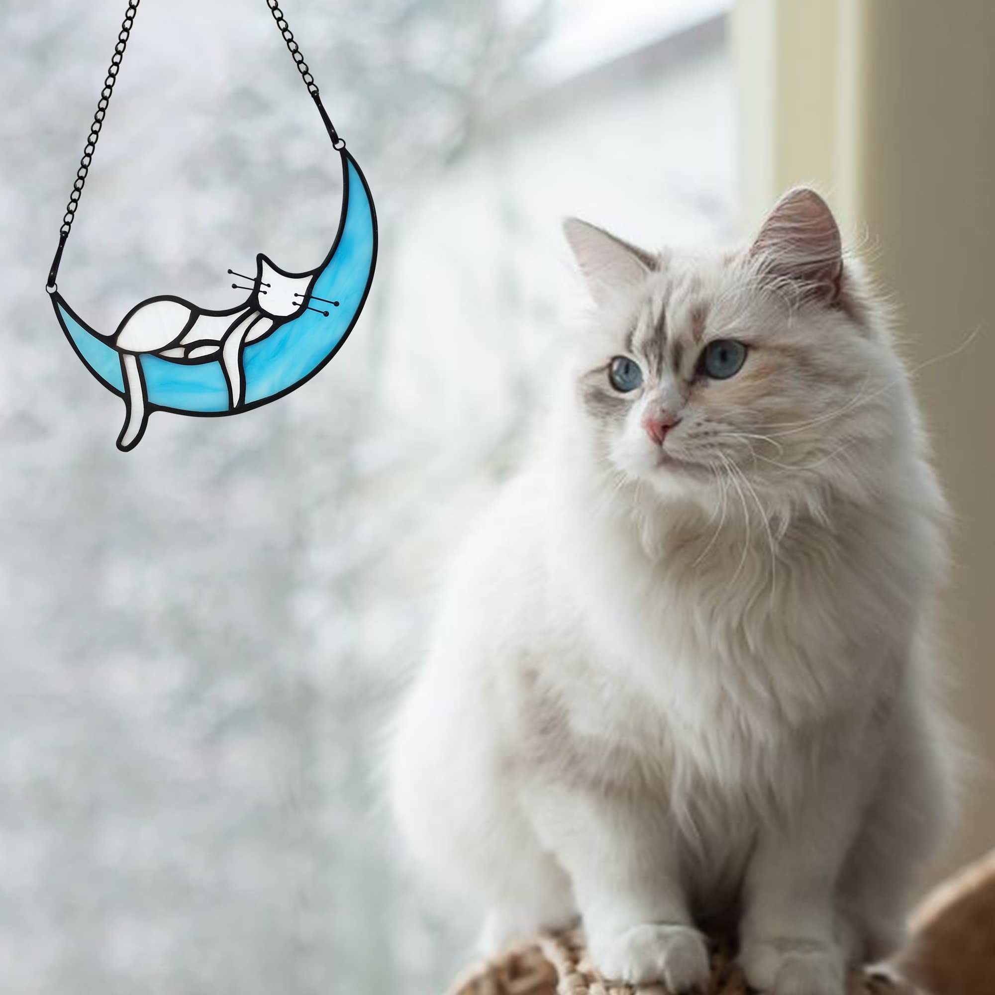 Haosum Sleeping White Cat On Moon Stained Glass Window Hangings,Cat Decor Cat Memorial Gifts For Cat Lovers,White Cat Suncatcher For Kitchen Bedroom Birthday Gift For Mom Grandma Aunt