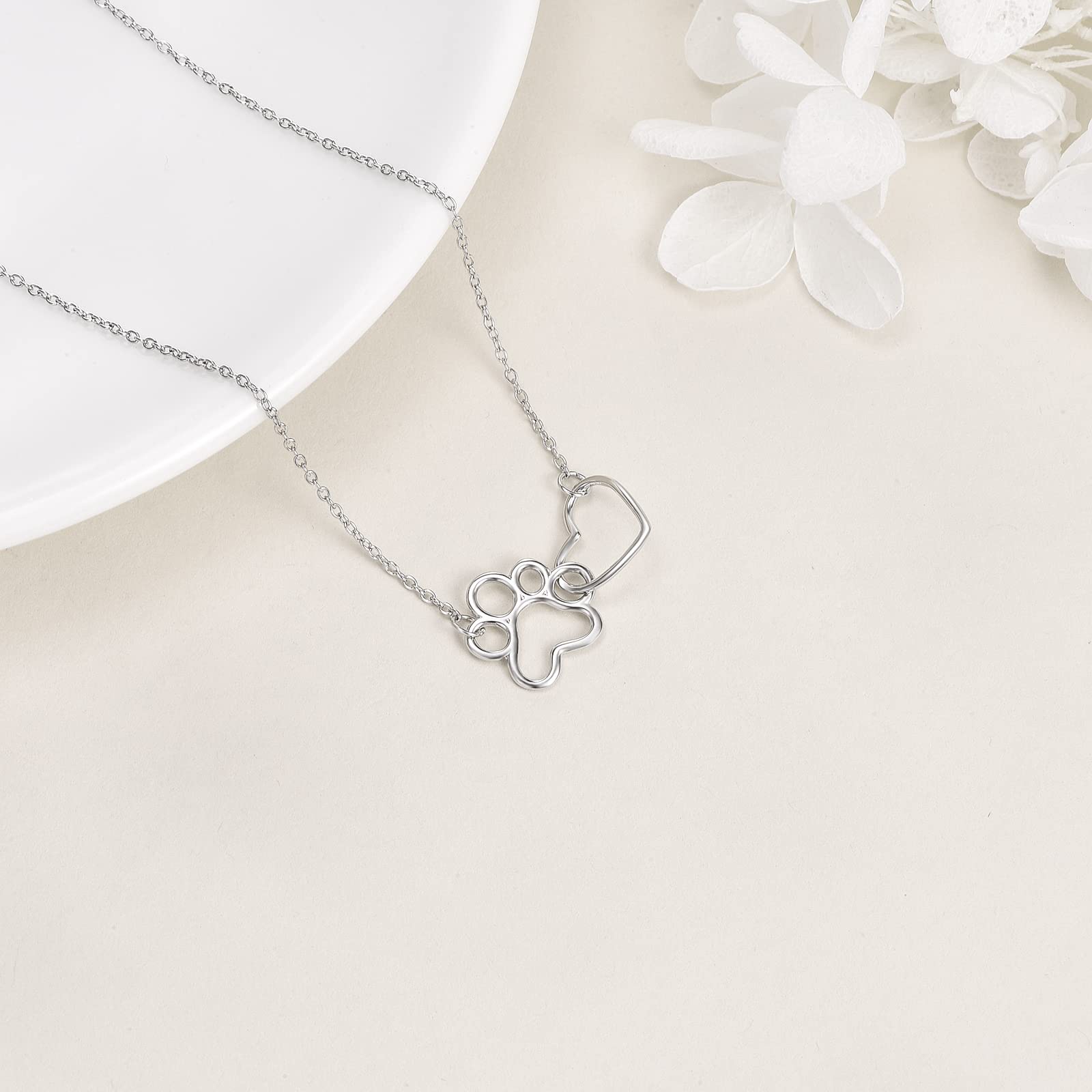 ONEFINITY Paw Print Necklace Sterling Silver Dog Cat Paw Necklace Pet Cat Dog Paw Heart Pendant Jewelry for Women Gifts