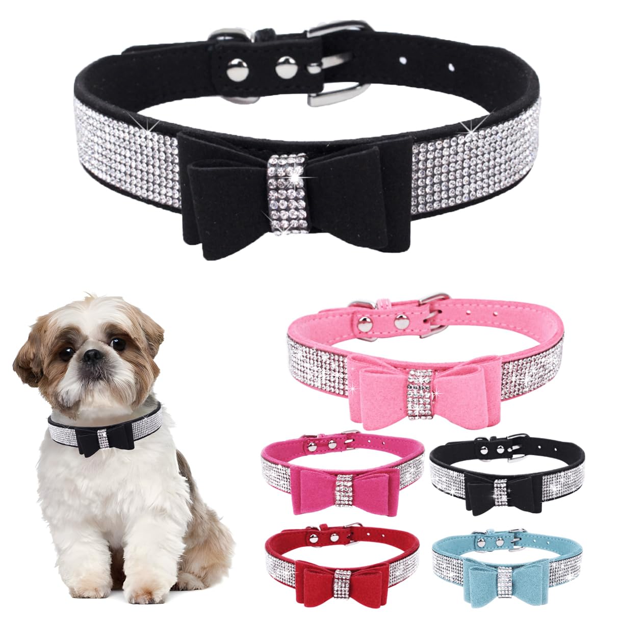 Rhinestone Bowtie Small Dog Collar, Diamond Puppy Collars Bow Crystal Bling Jeweled Glitter Girl Female Adjustable For Xxsmall X