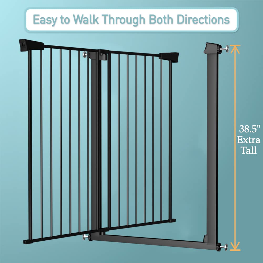 38.5' Extra Tall Dog Gate 76.38'-79.13' Wide - Long Large Pressure Mounted Baby Gates With Door For The House Stairs Doorways - Walk Through Toddler Puppy Pet Safety Fence Gate Black