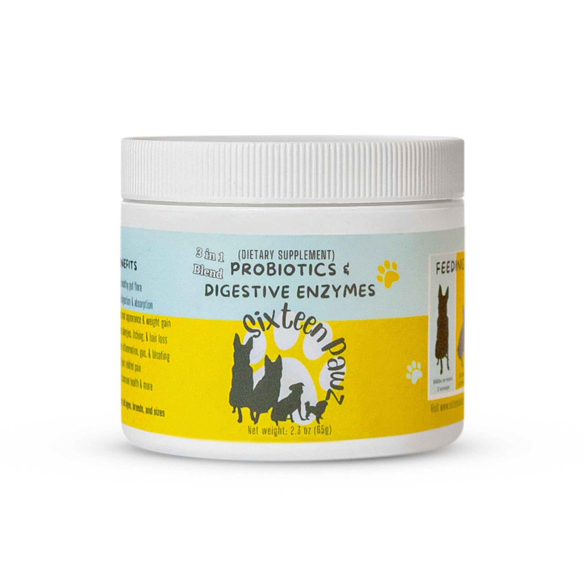 Sixteen Pawz Dog & Cat Probiotics, Prebiotics, & Digestive Enzymes - Flavorless Powder for Gut Health, Allergies, Itchy Skin, Ga