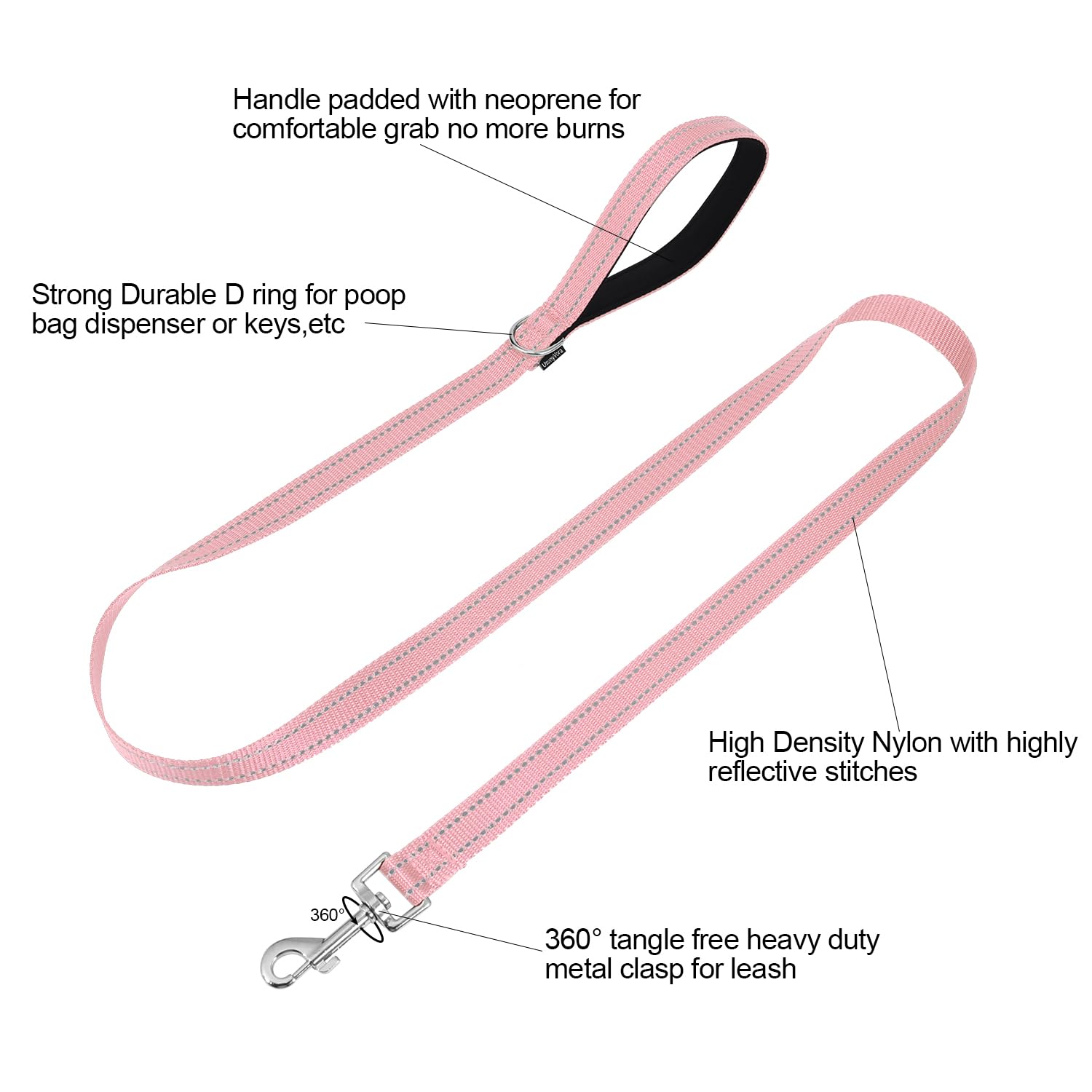 Usunyvora Reflective Nylon Dog Leash For Walking,Strong Dog Leash With Padded Handle For Small And Medium Dogs,6 Ft,Pink
