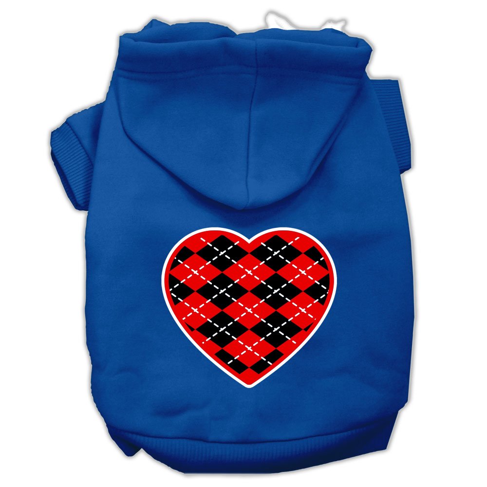 Pet Dog & Cat Hoodie Screen Printed, 'Red Argyle Heart' Blue Xs (0-3 Lbs.)