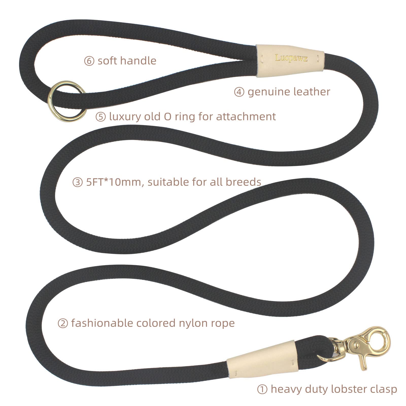 Lucpawz Lobster Snap Pet Leash 5Ft, Special Strong Nylon Rope Dog Leash, Solid Color Rope Dog Lead For All Breeds (Black, 5Ft*10