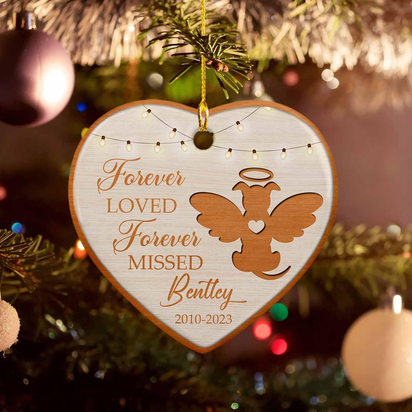 Personalized Dog Forever Loved Forever Missed Ceramic Ornament, Dog Loving Memorial Ornaments Christmas 2025, Custom Name & Year Memorial Dog Ceramic Keepsakes Wooden Style Gift For Hanging Xmas Tree