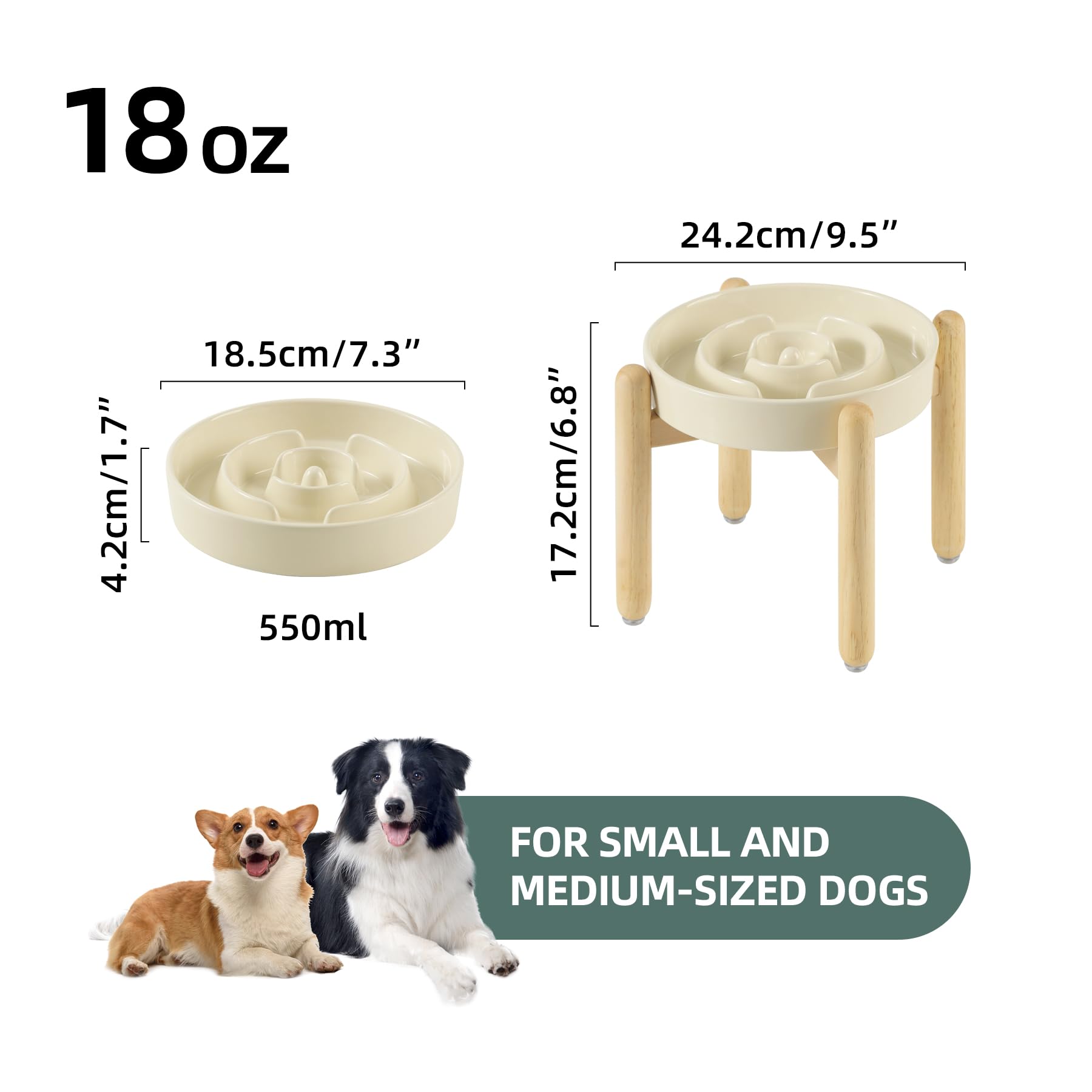 Havniva 7.3Inch Ceramic Raised Slow Feeder Dog Bowl Set, Elevated Wooden Stand For Medium And Small Dog, Puzzle Slow Dish, Anti-